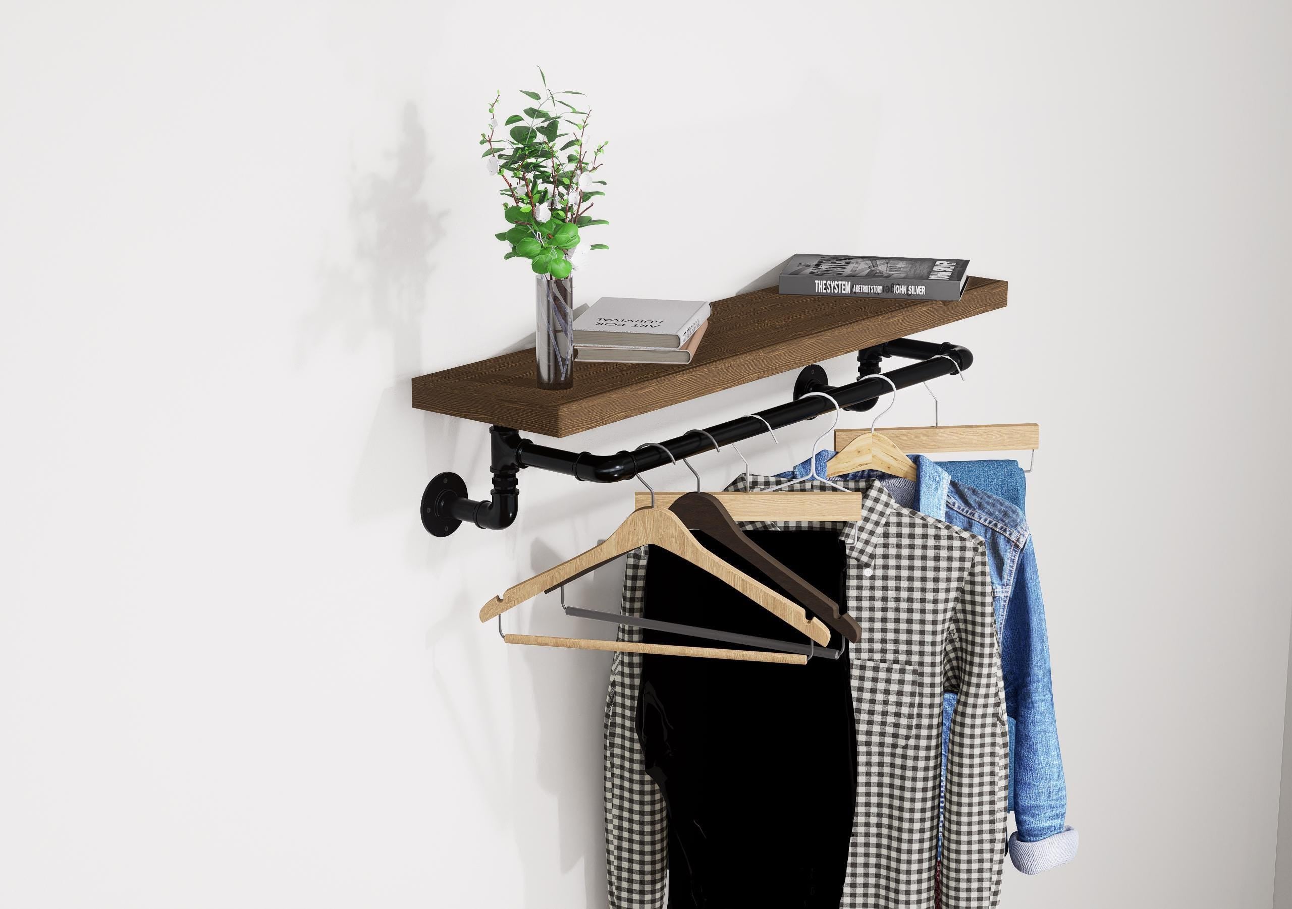 Industrial Wall-Mounted Clothing Rack with Wooden Shelf and Pipe Design - Stylish Storage Solution for Entryway or Bedroom