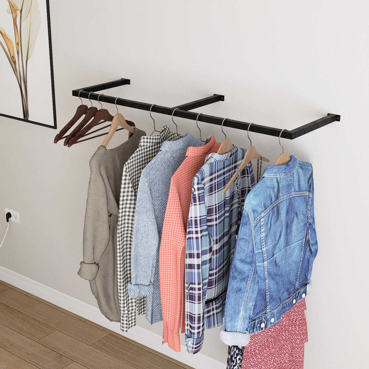 Wall-mounted square tube clothing rack with multiple hanging