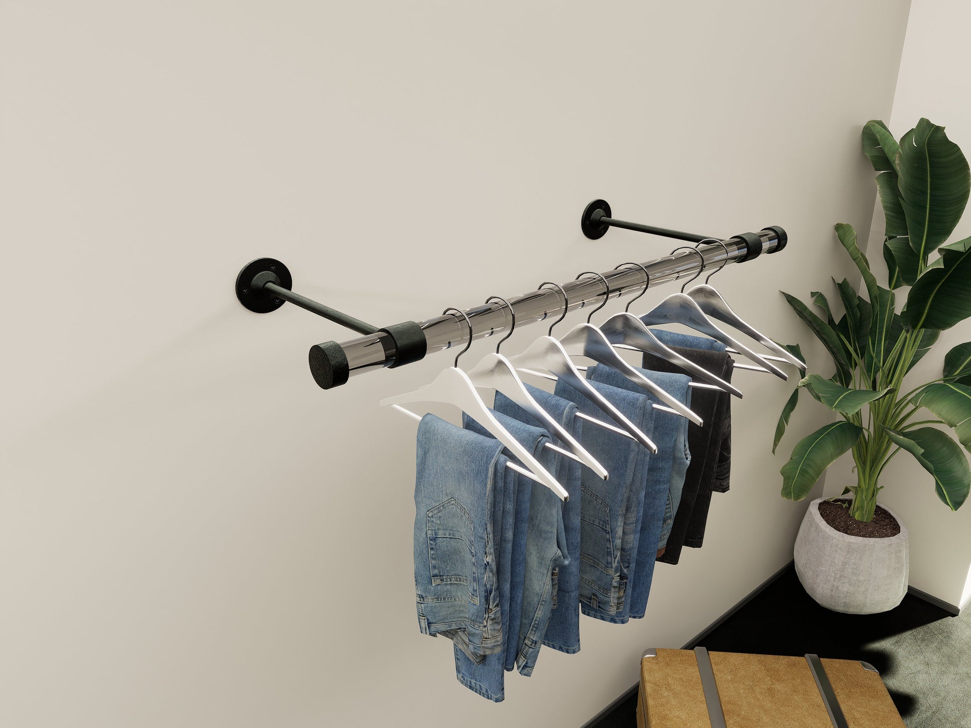 Customizable wall-mounted wardrobe organizer made from high-quality lucite and brass.