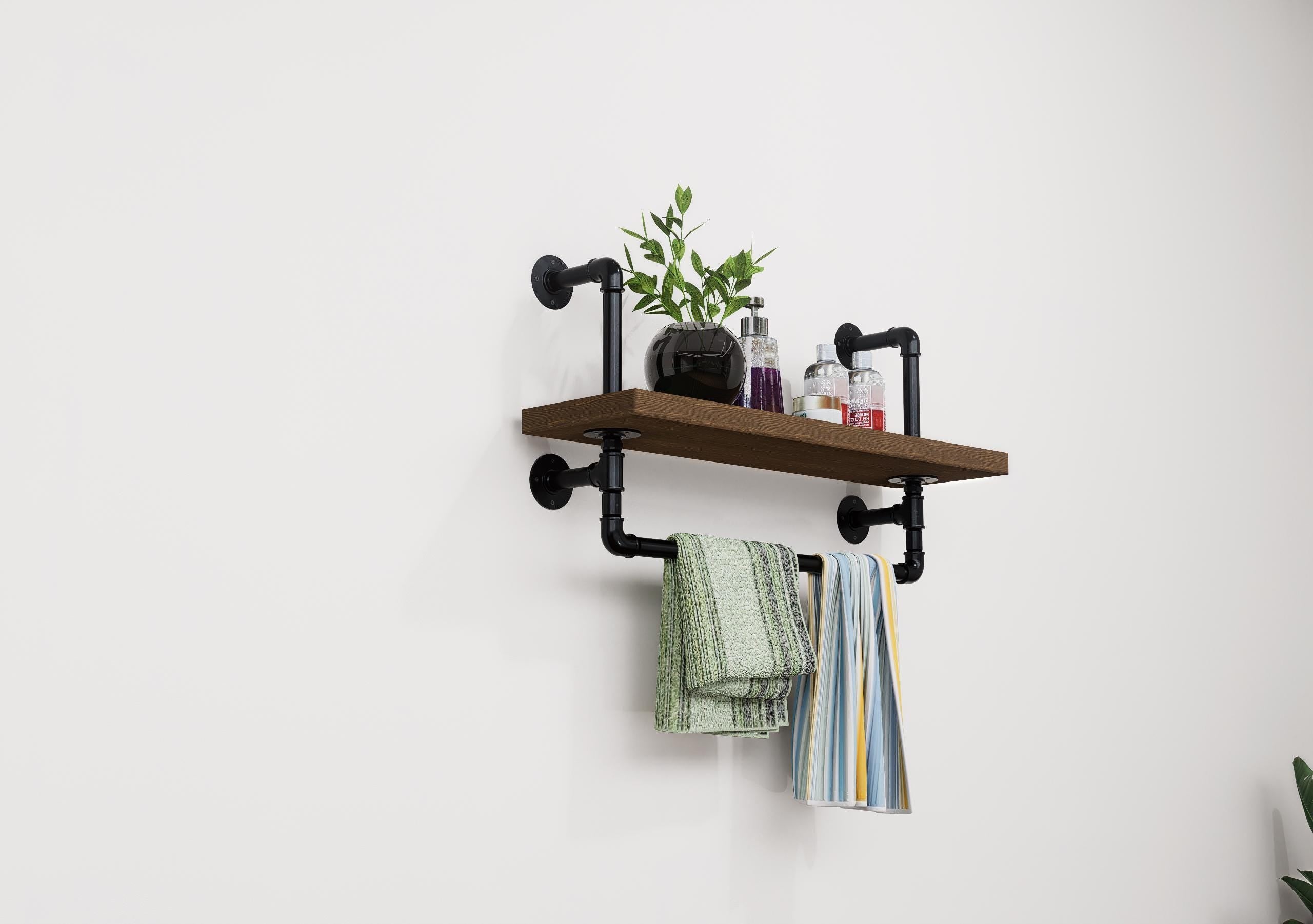 Industrial Pipe Wall Shelf with Towel Bar Rustic Wood Floating Shelf for Bathroom, Kitchen or Entryway Storage Farmhouse Decor
