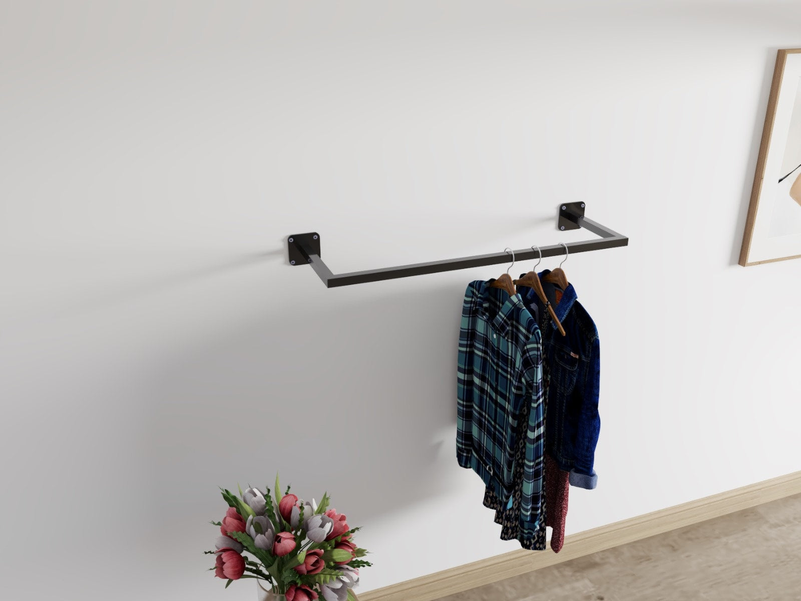 Contemporary Black and White Clothes Rail with Rectangle and U-shaped Design, Wall and Ceiling Mount, Powder-Coated Wardrobe Organizer