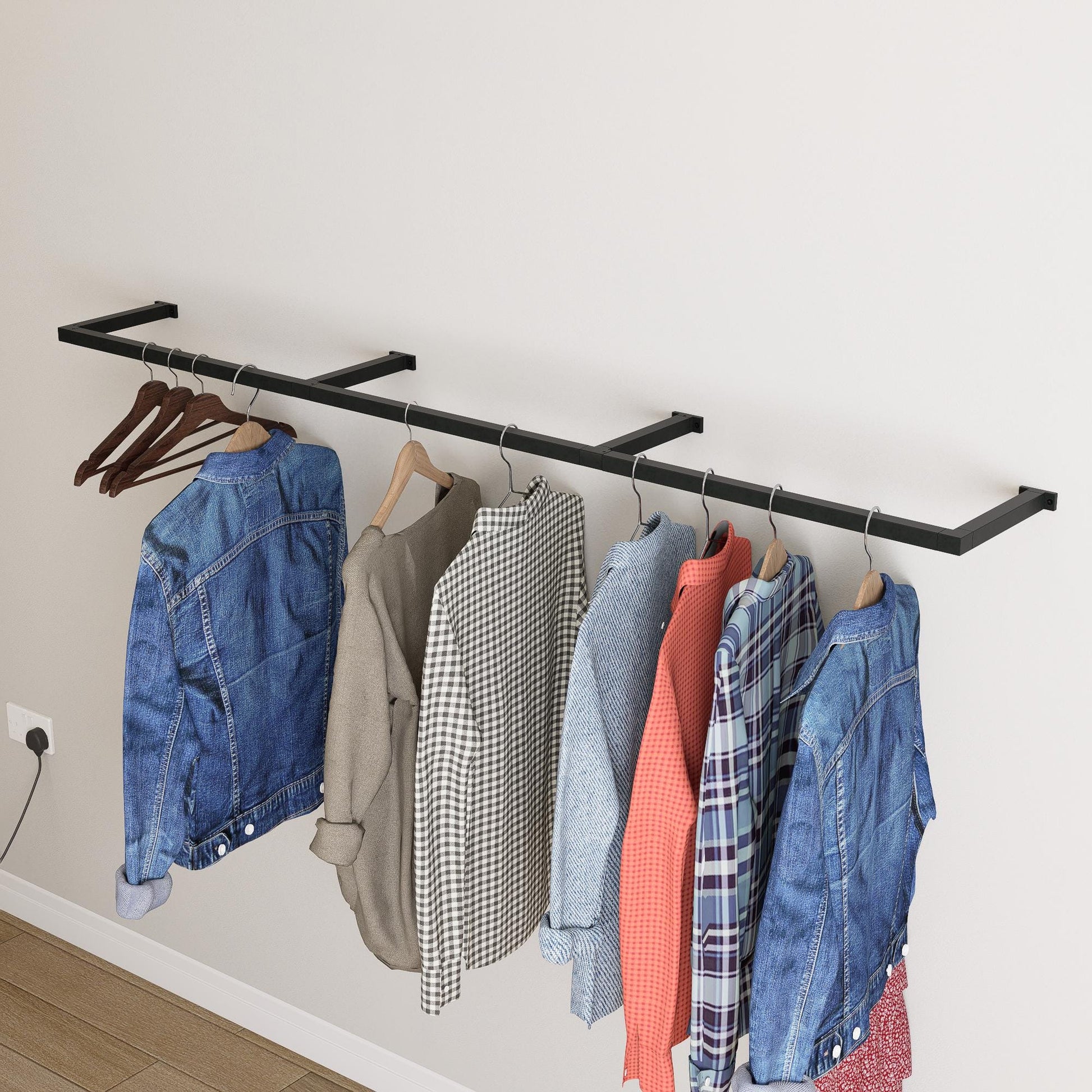 Wall Mounted Clothes Rack  Flat Pack | Heavy Duty Square Tube Garment Rail | Industrial Metal Hanging Rod | Minimalist Space Saving Design