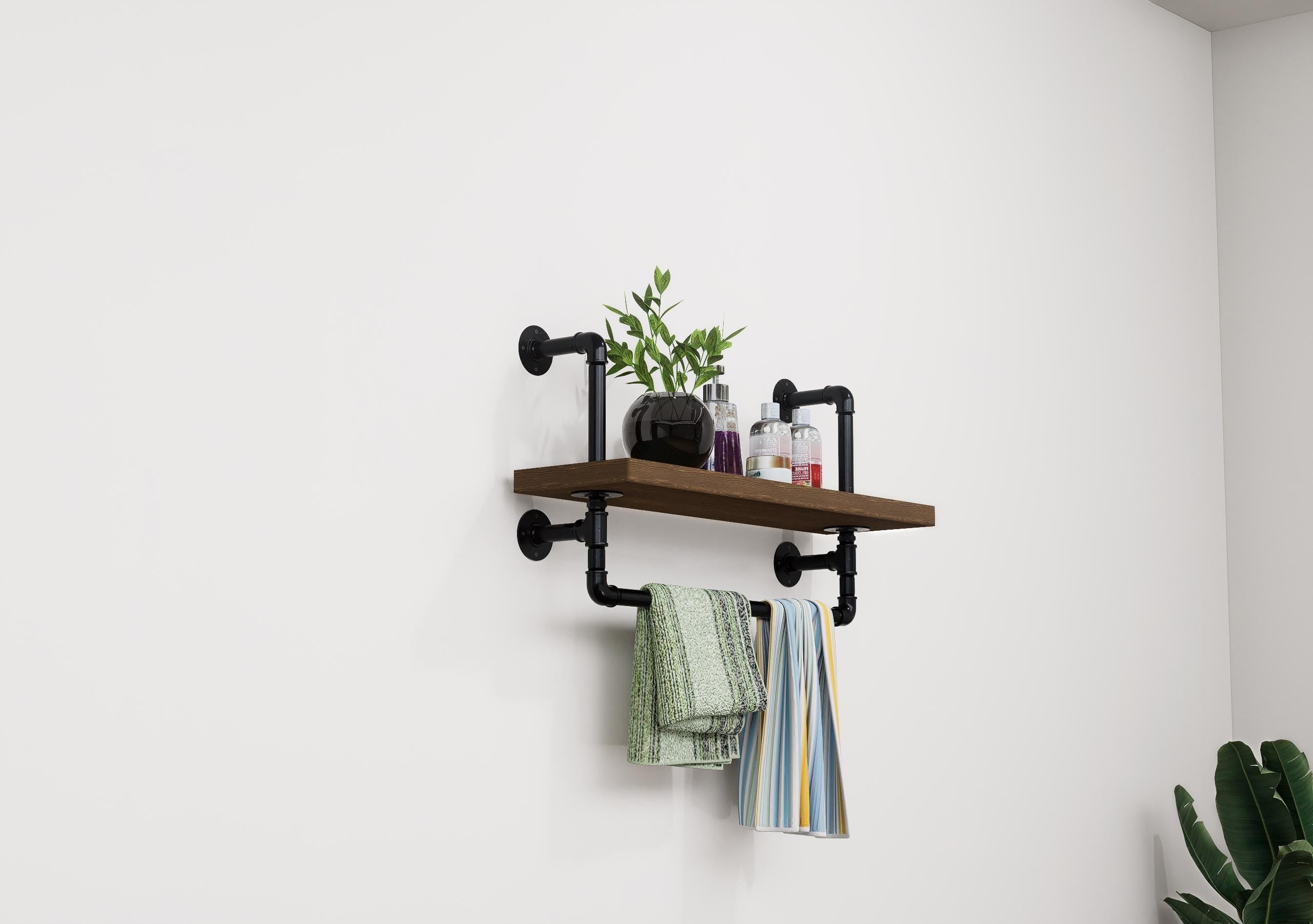 Industrial Pipe Wall Shelf with Towel Bar Rustic Wood Floating Shelf for Bathroom, Kitchen or Entryway Storage Farmhouse Decor