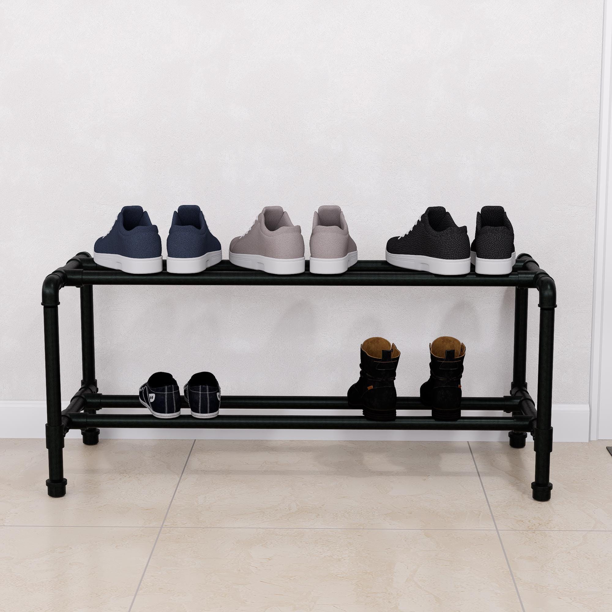 Industrial Pipe Shoe Rack - Metal Shoe Organizer for Entryway or Mudroom - Heavy Duty Black Pipe Shoe Storage - Modern Minimalist Design