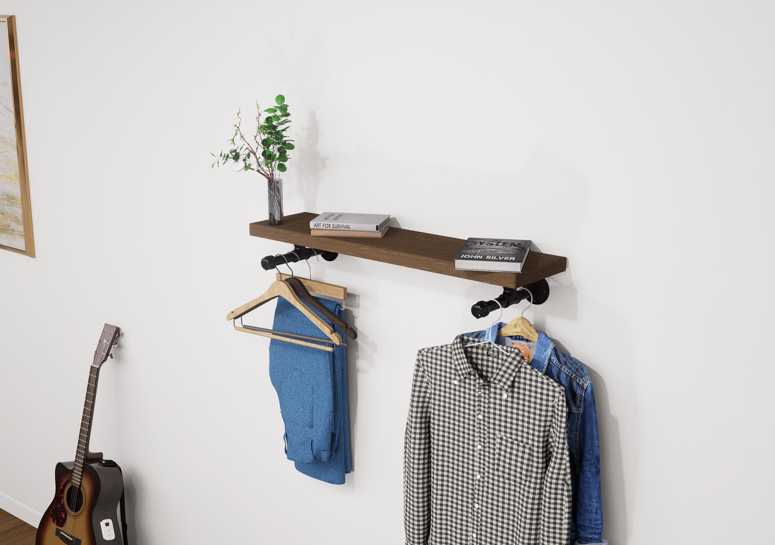 Wall-mounted industrial shelf with a wooden shelf and metal pipe fittings, featuring a hanging rail for clothes storage.