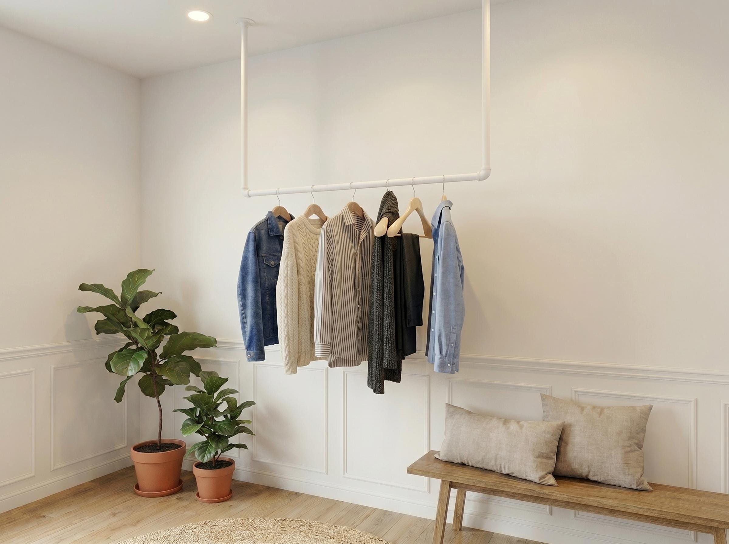 Ceiling Mounted White Pipe Clothes Rail – Scandi