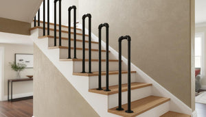 Handcrafted Black Steel Stair Rail, Industrial Hallway Decor