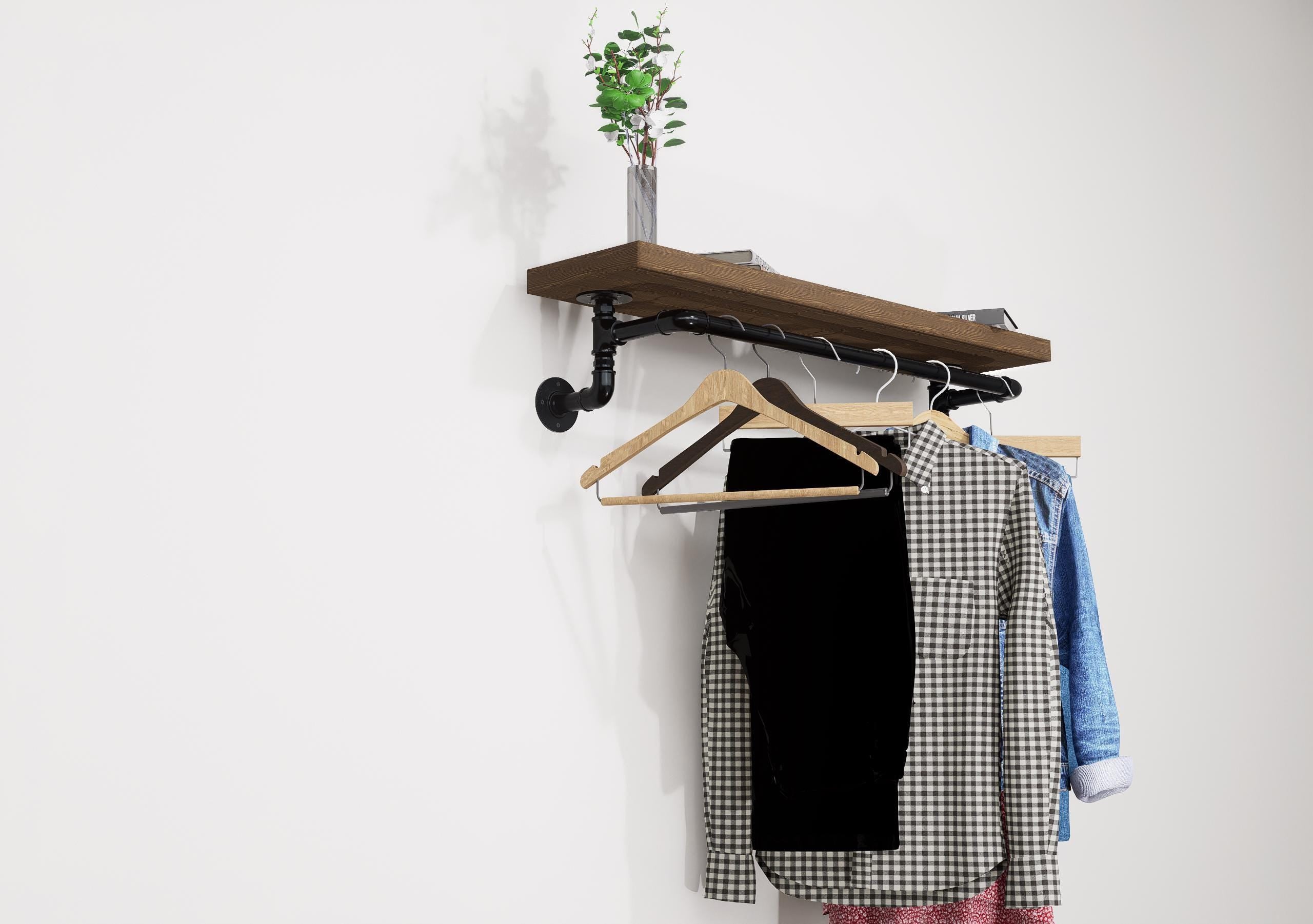 Industrial Wall-Mounted Clothing Rack with Wooden Shelf and Pipe Design - Stylish Storage Solution for Entryway or Bedroom