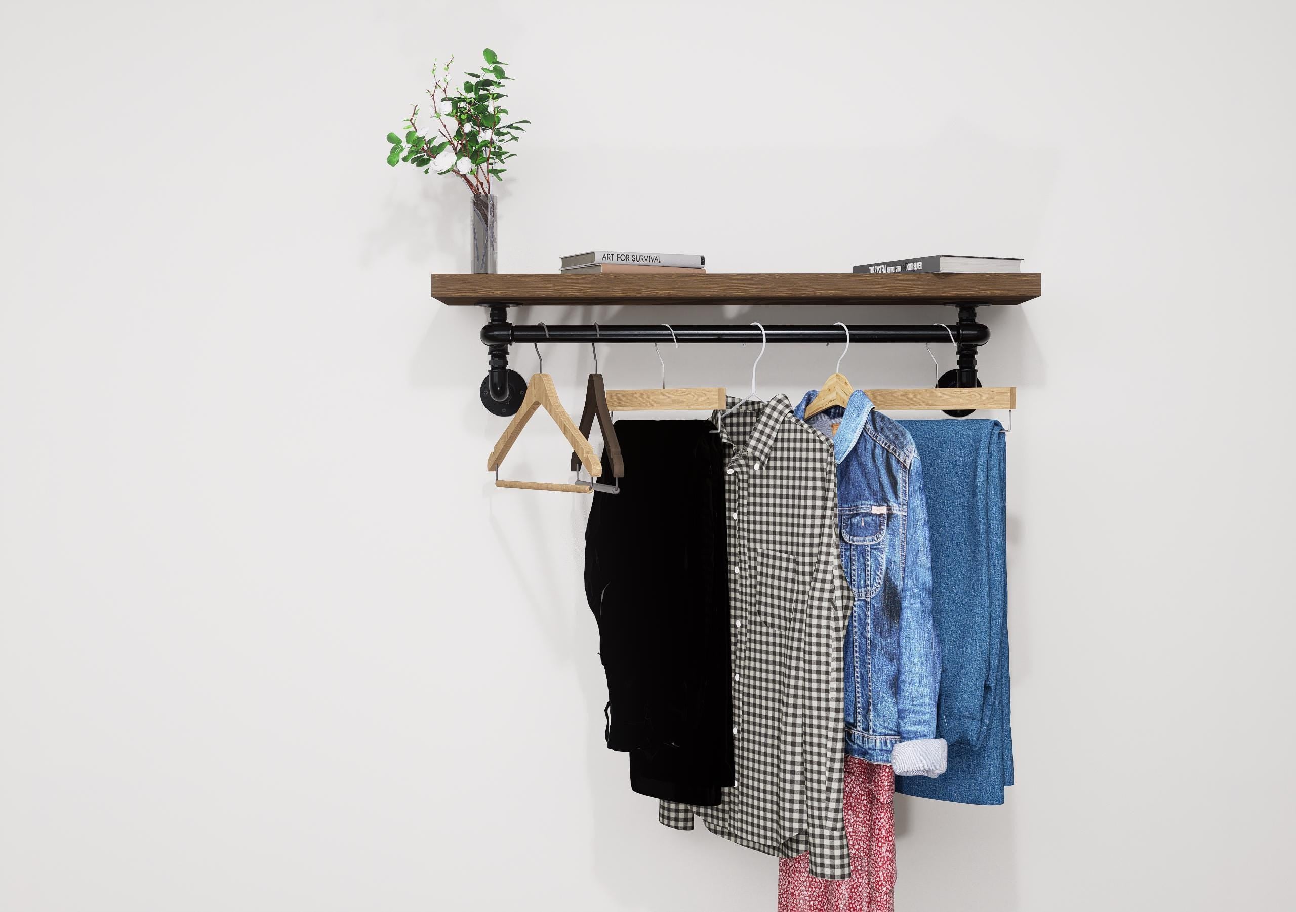Industrial Wall-Mounted Clothing Rack with Wooden Shelf and Pipe Design - Stylish Storage Solution for Entryway or Bedroom