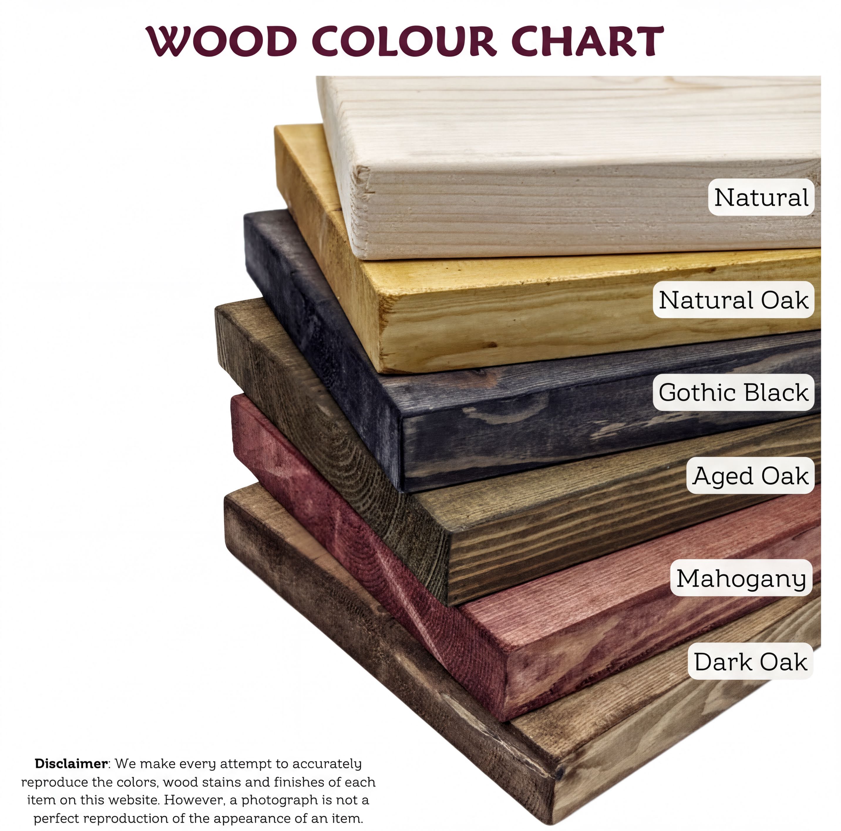 A stack of various colored wooden planks, each labeled with a different type of wood stain or finish, such as natural, natural oak, Gothic black, aged oak, mahogany, and dark oak.