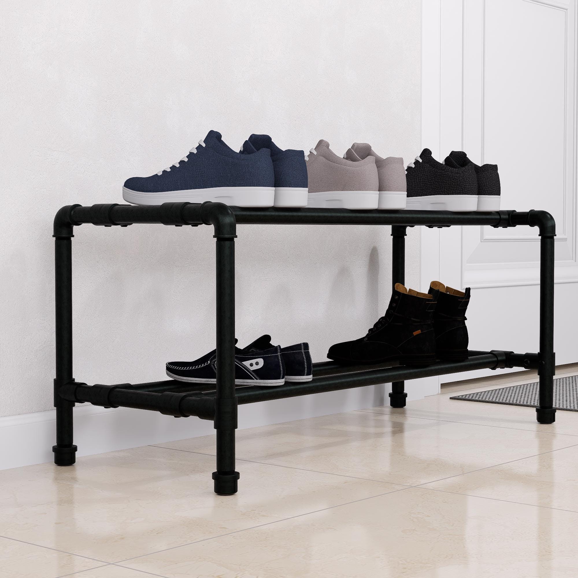 Industrial Pipe Shoe Rack - Metal Shoe Organizer for Entryway or Mudroom - Heavy Duty Black Pipe Shoe Storage - Modern Minimalist Design