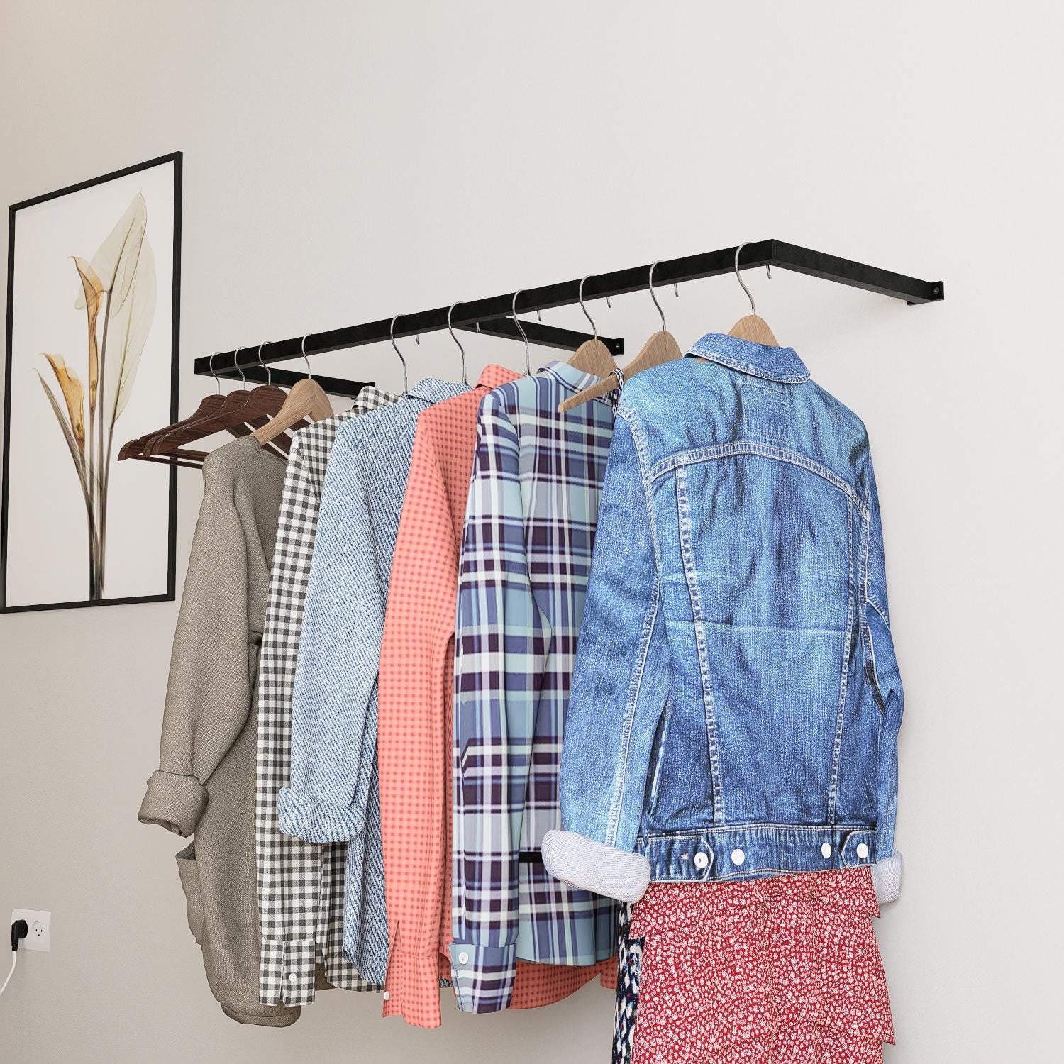Wall-mounted square tube clothing rack with multiple hanging