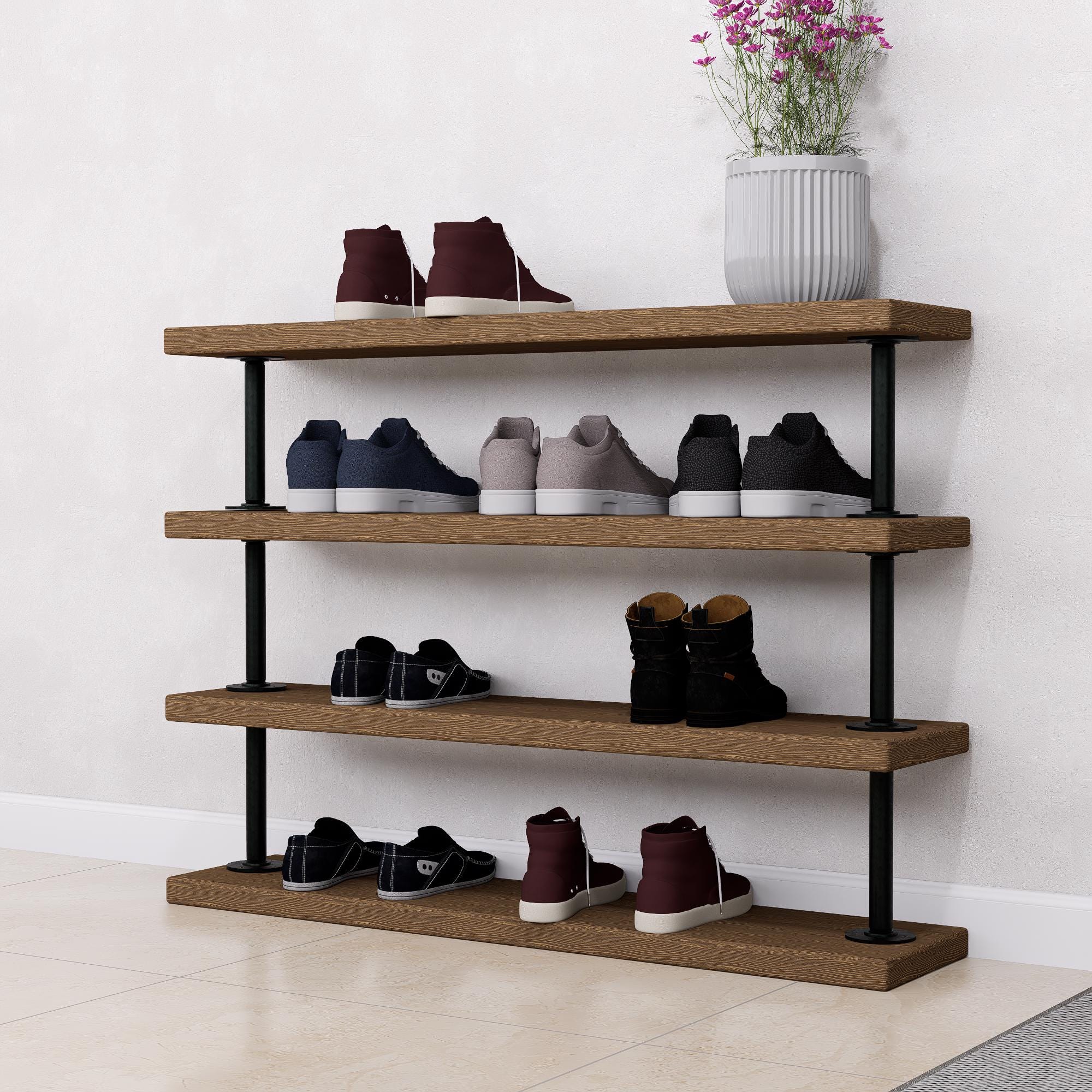 Industrial Pipe Shoe Rack – Tiered Metal & Wood