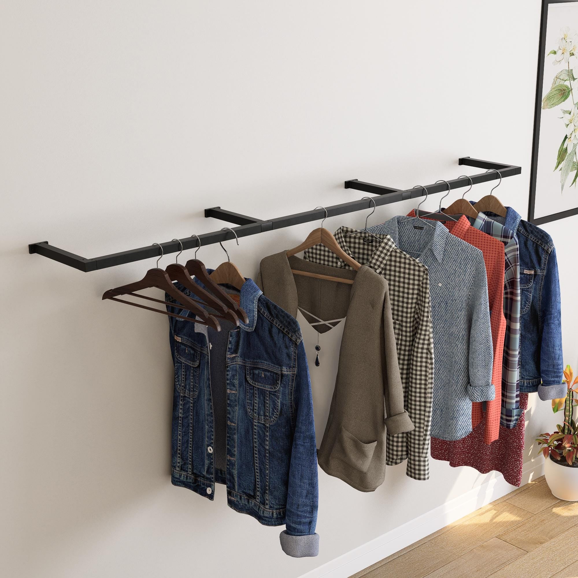 Wall Mounted Clothes Rack  Flat Pack | Heavy Duty Square Tube Garment Rail | Industrial Metal Hanging Rod | Minimalist Space Saving Design