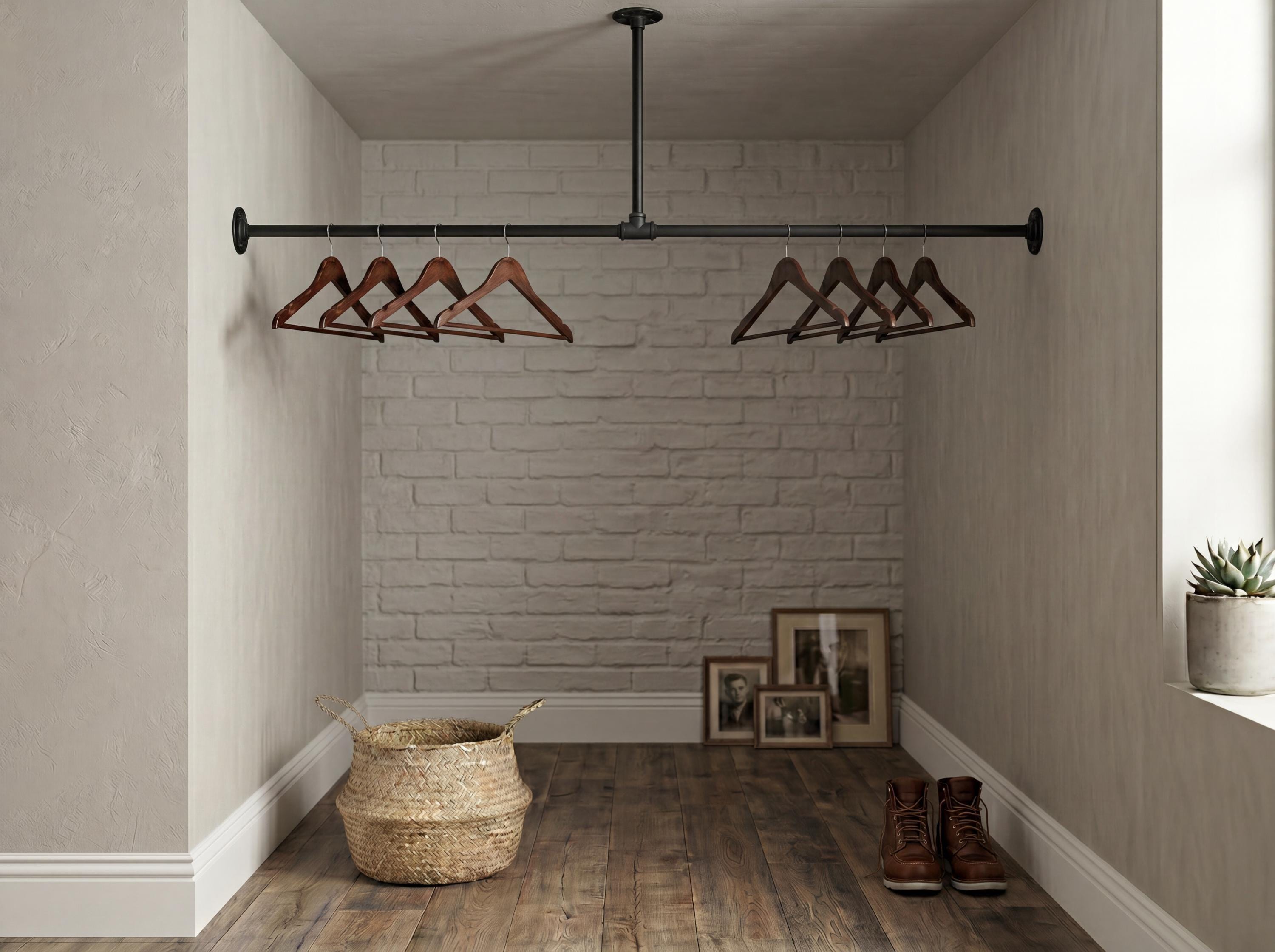 Industrial Pipe Clothing Rack – Wall to Wall & Ceiling