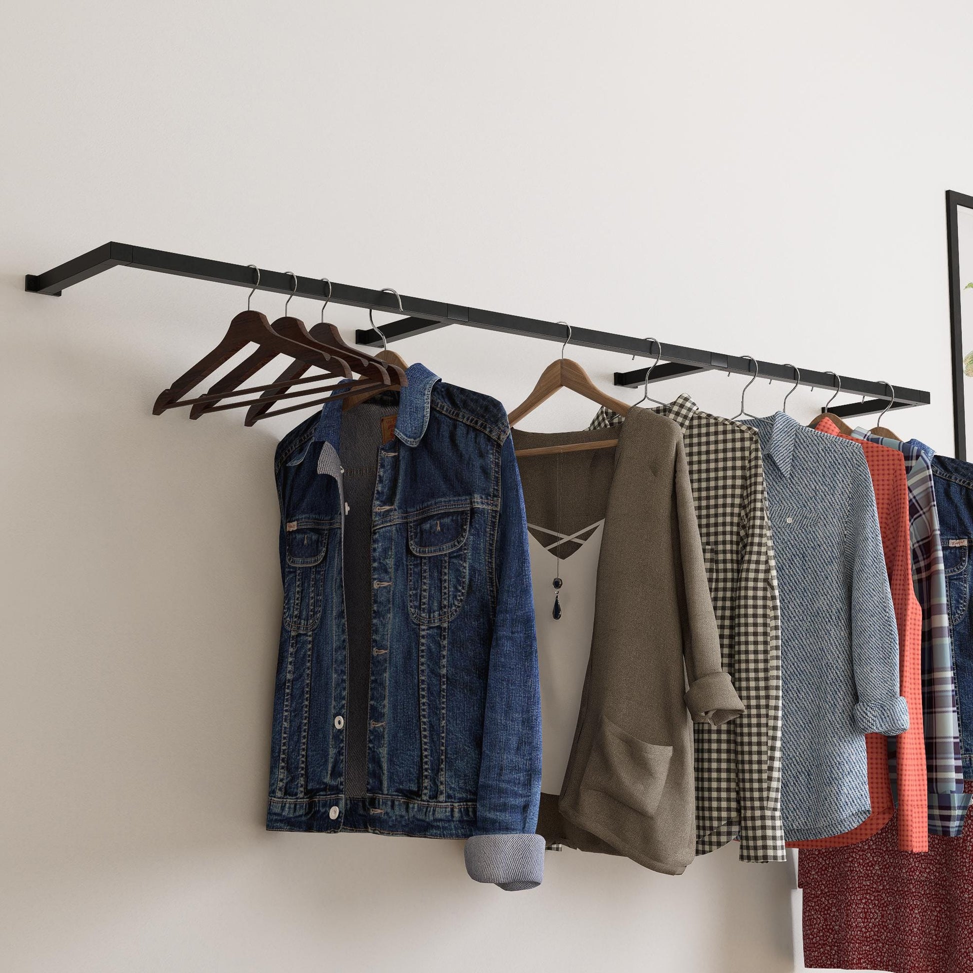 Wall Mounted Clothes Rack  Flat Pack | Heavy Duty Square Tube Garment Rail | Industrial Metal Hanging Rod | Minimalist Space Saving Design