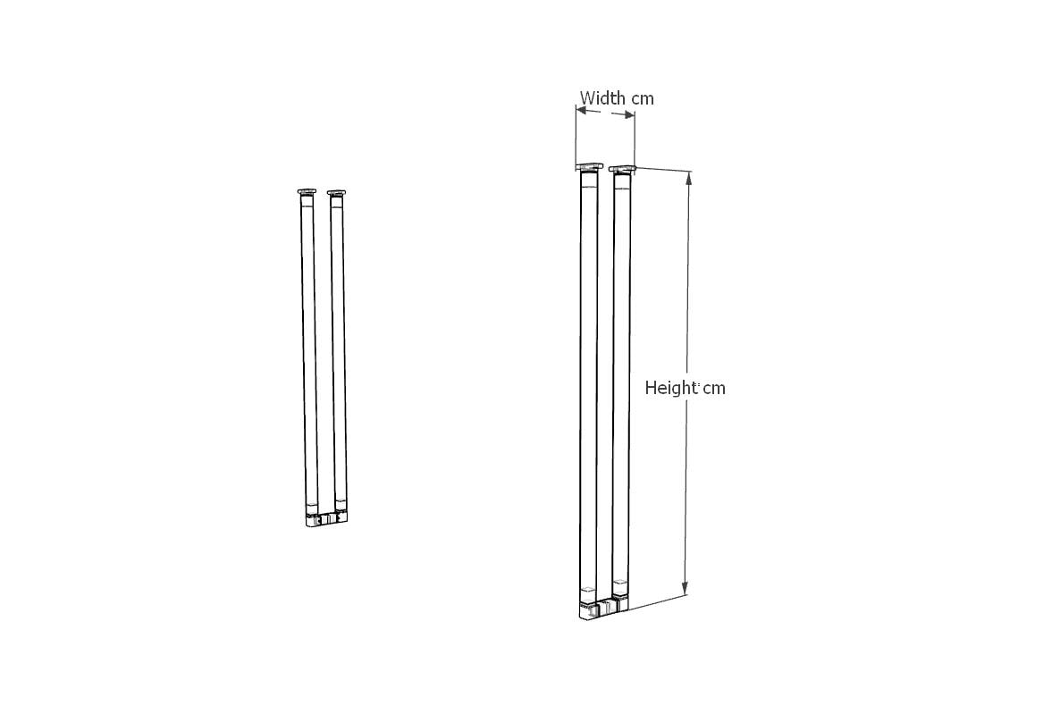 Set of two tall black industrial steel box frame table legs designed for breakfast bars or console tables, standing on wood flooring.
