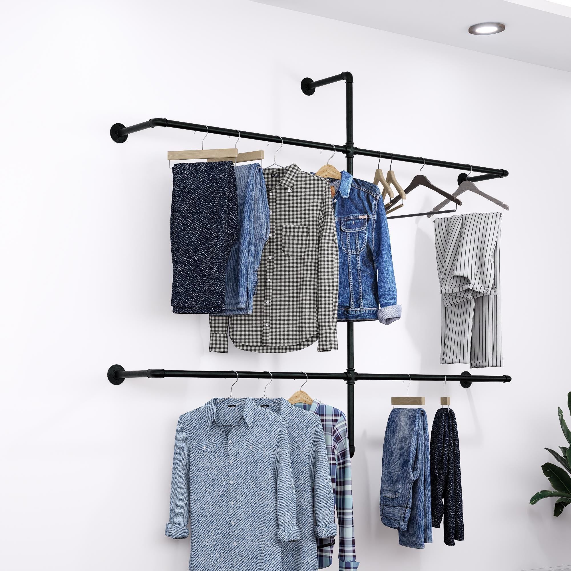 Open Wardrobe Industrial Wall Mounted Clothing Rack Heavy Duty Metal Pipe Garment Rack for Closet, Retail Display, Entryway or Laundry Room