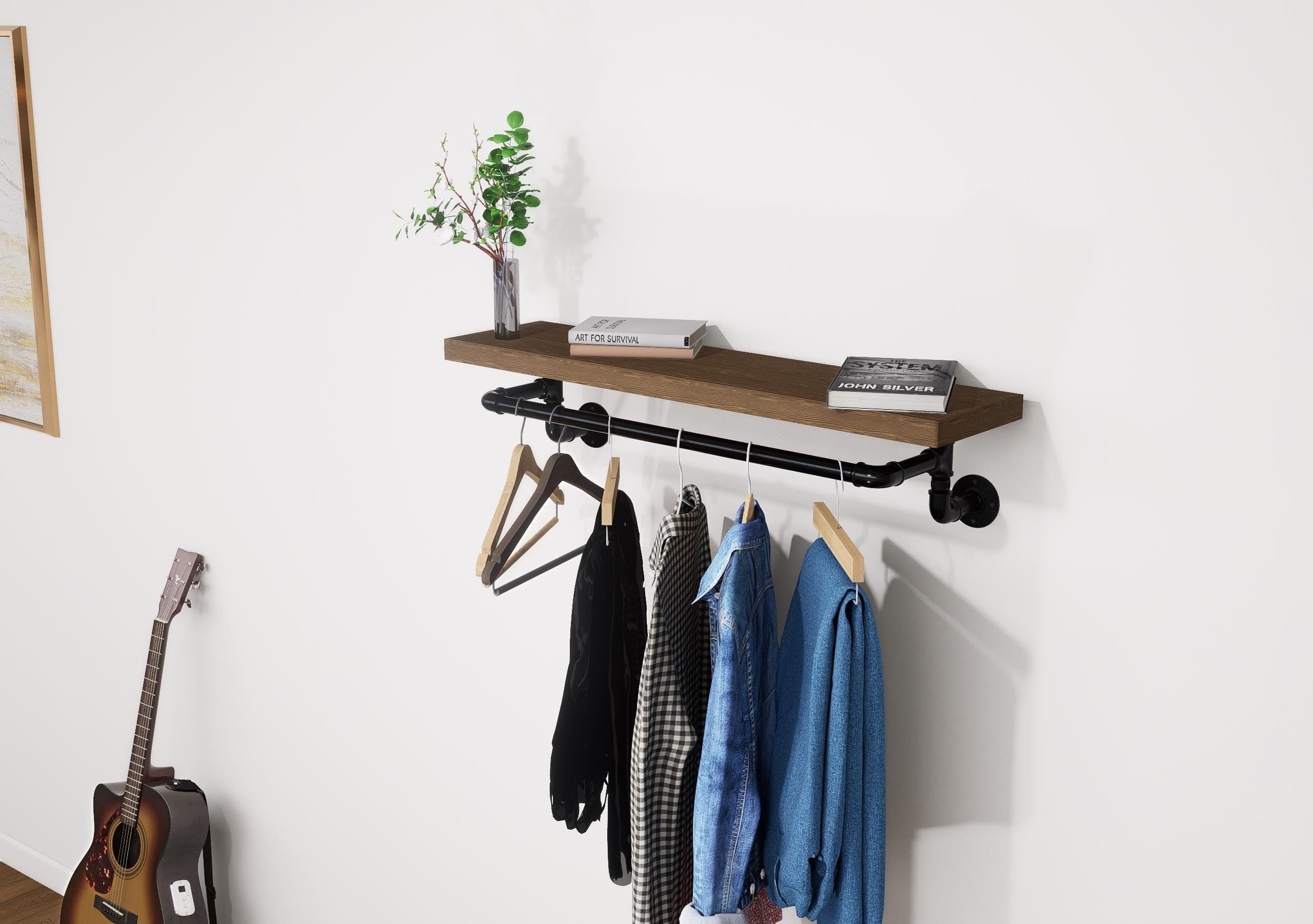 Industrial Wall-Mounted Clothing Rack with Wooden Shelf and Pipe Design - Stylish Storage Solution for Entryway or Bedroom