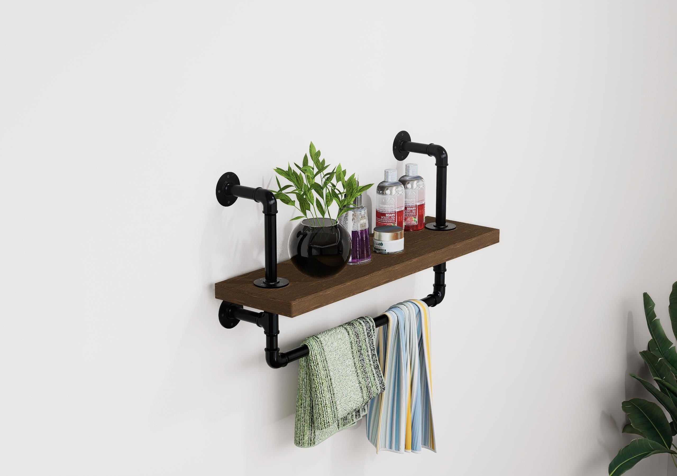 Industrial Pipe Wall Shelf with Towel Bar Rustic Wood Floating Shelf for Bathroom, Kitchen or Entryway Storage Farmhouse Decor