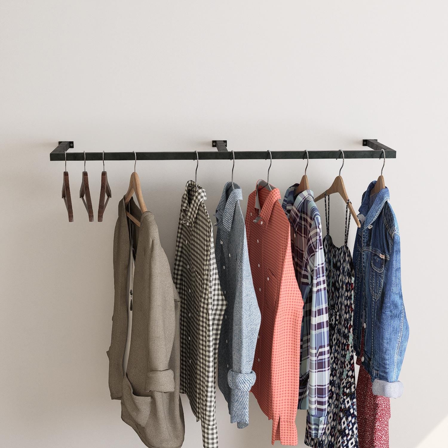 Wall-mounted square tube clothing rack with multiple hanging