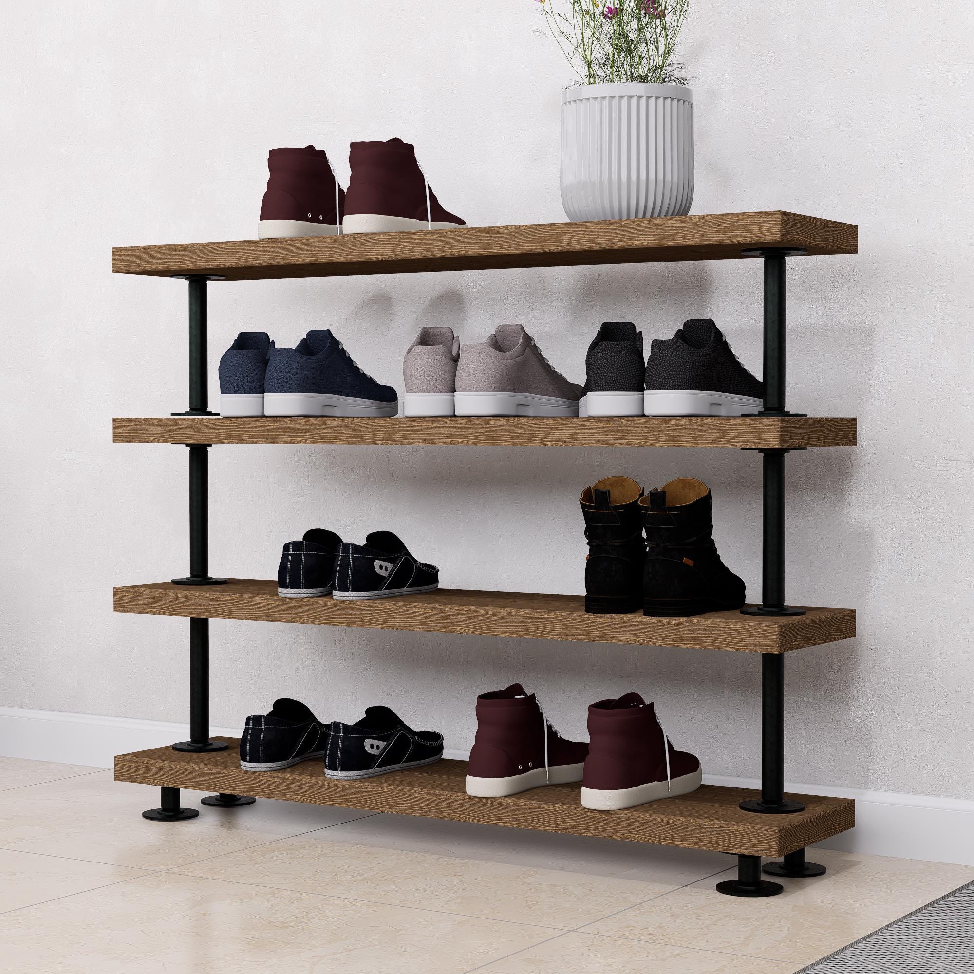 Rustic Tiered Shoe Rack with Wooden Shelves