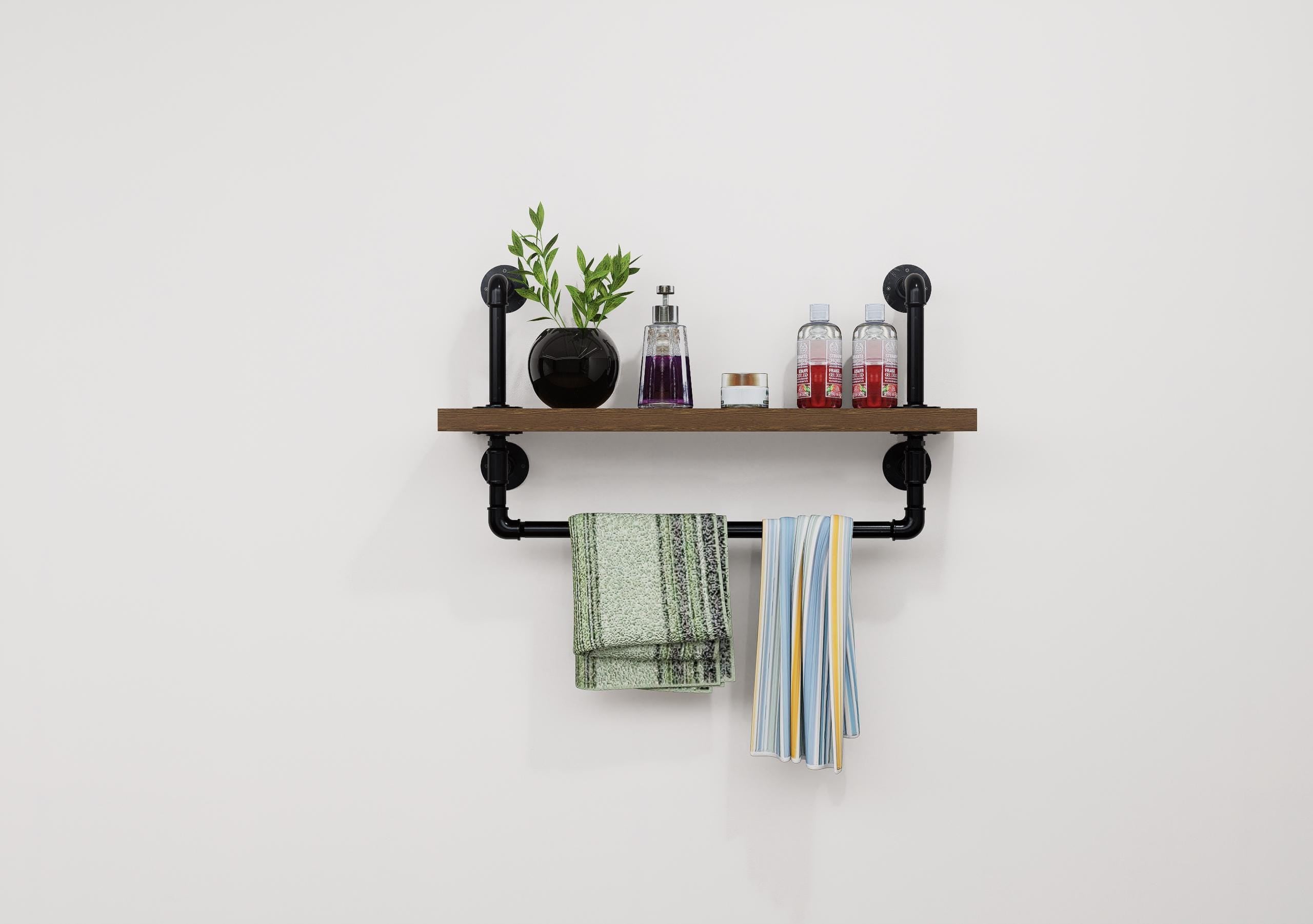 Industrial Pipe Wall Shelf with Towel Bar Rustic Wood Floating Shelf for Bathroom, Kitchen or Entryway Storage Farmhouse Decor