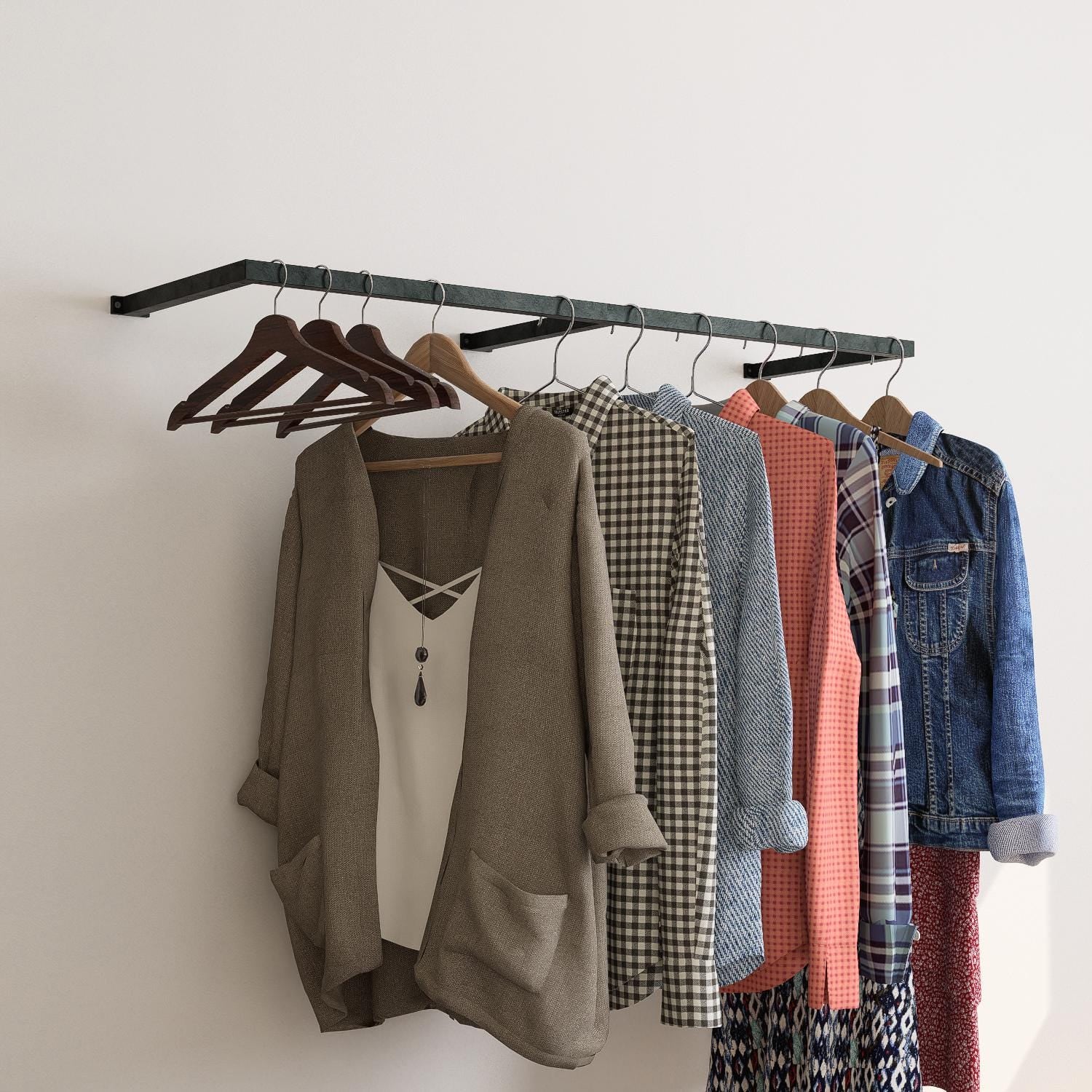 Wall-mounted square tube clothing rack with multiple hanging