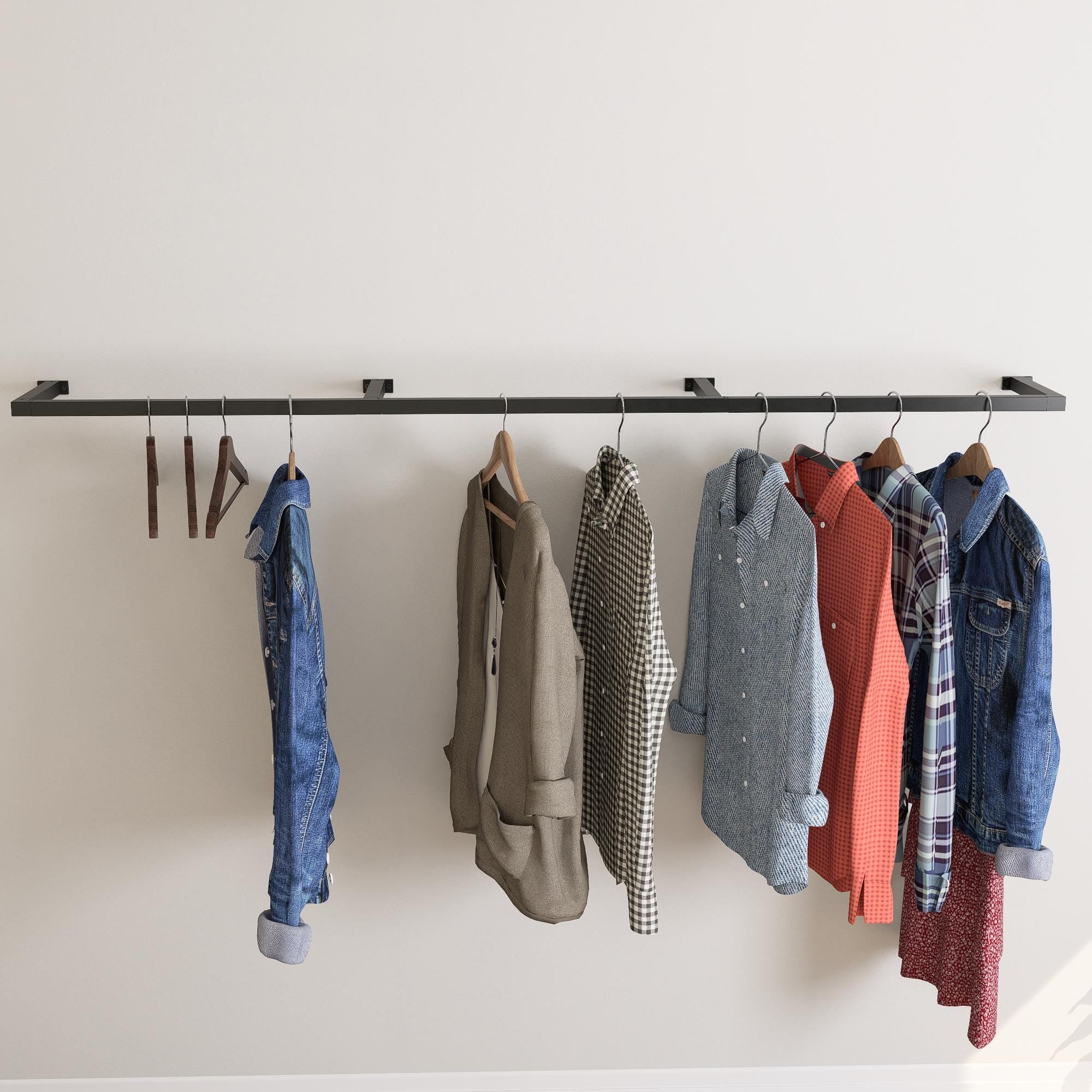 Wall Mounted Clothes Rack  Flat Pack | Heavy Duty Square Tube Garment Rail | Industrial Metal Hanging Rod | Minimalist Space Saving Design