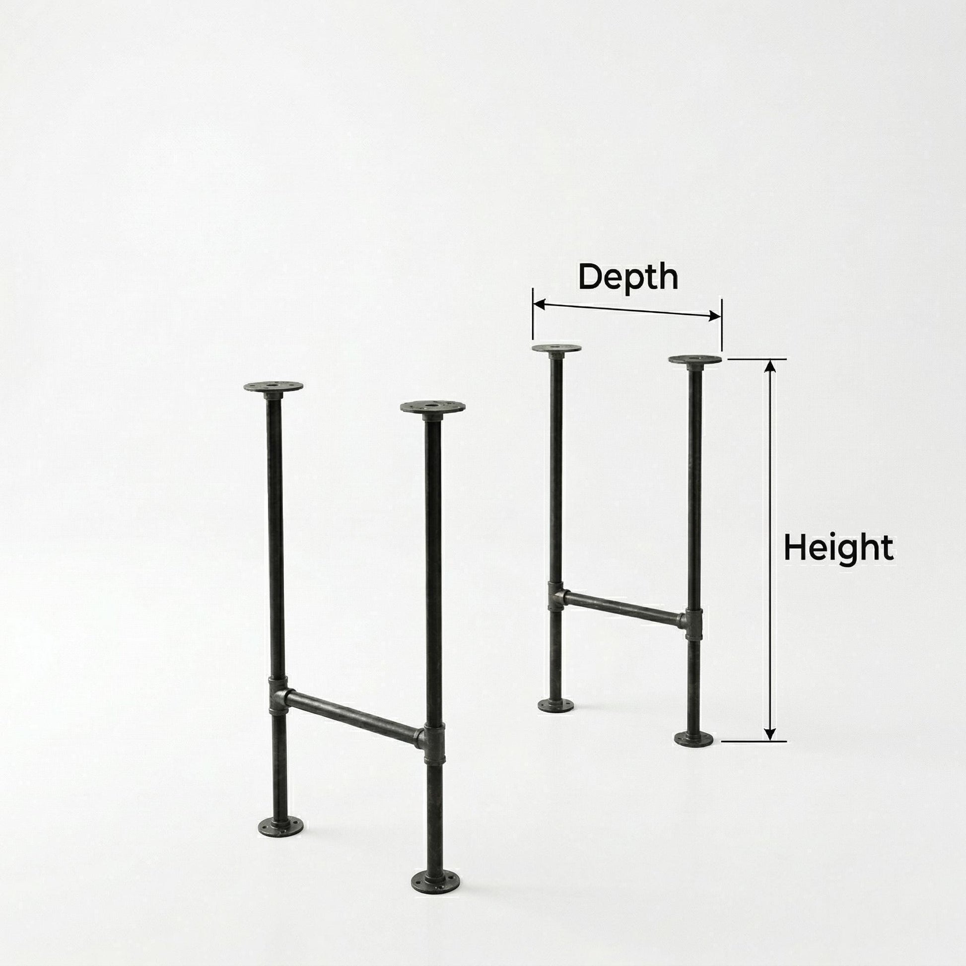 two metal pipe legs with measurements labeled above them, indicating the depth and height of the legs.
