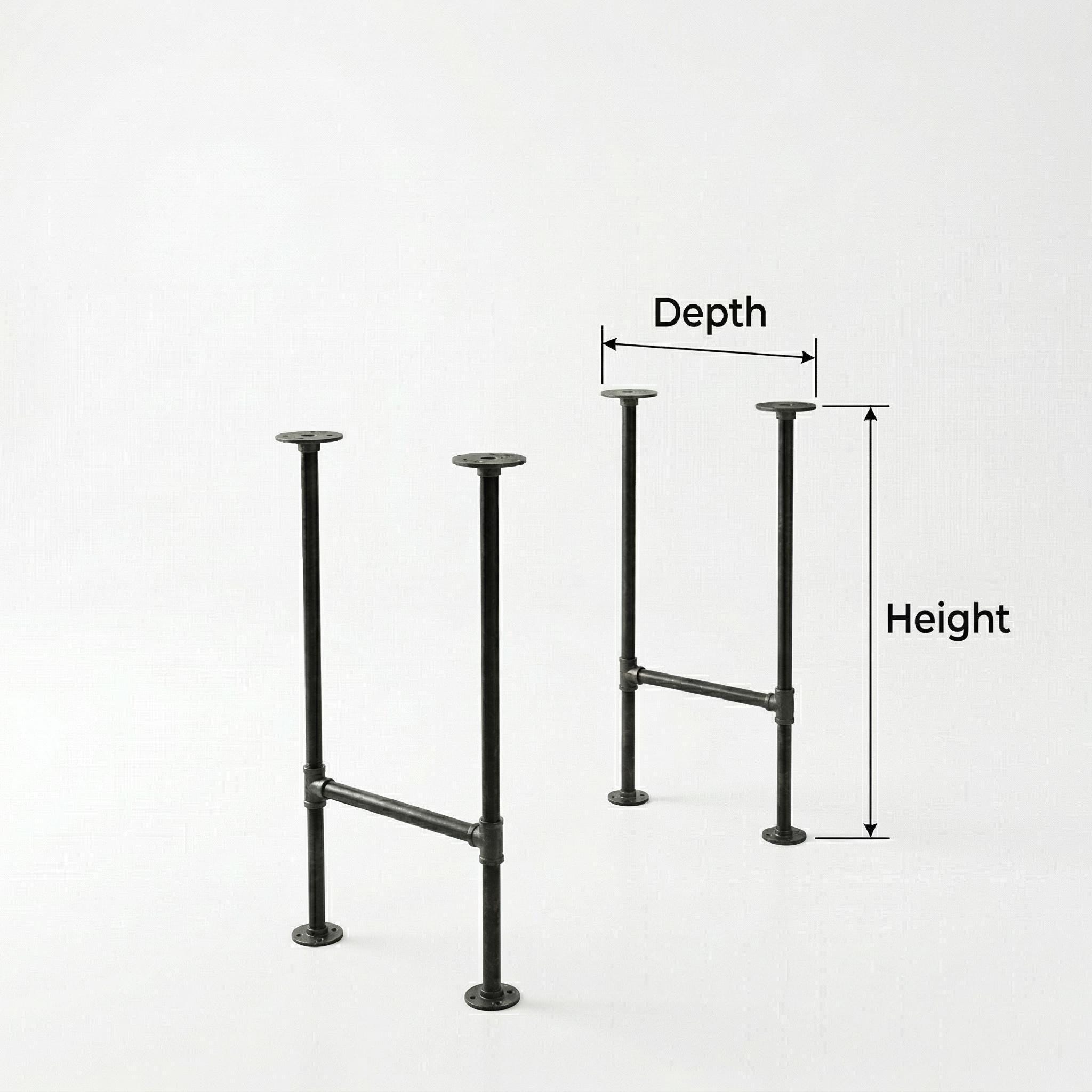 two metal pipe legs with measurements labeled above them, indicating the depth and height of the legs.