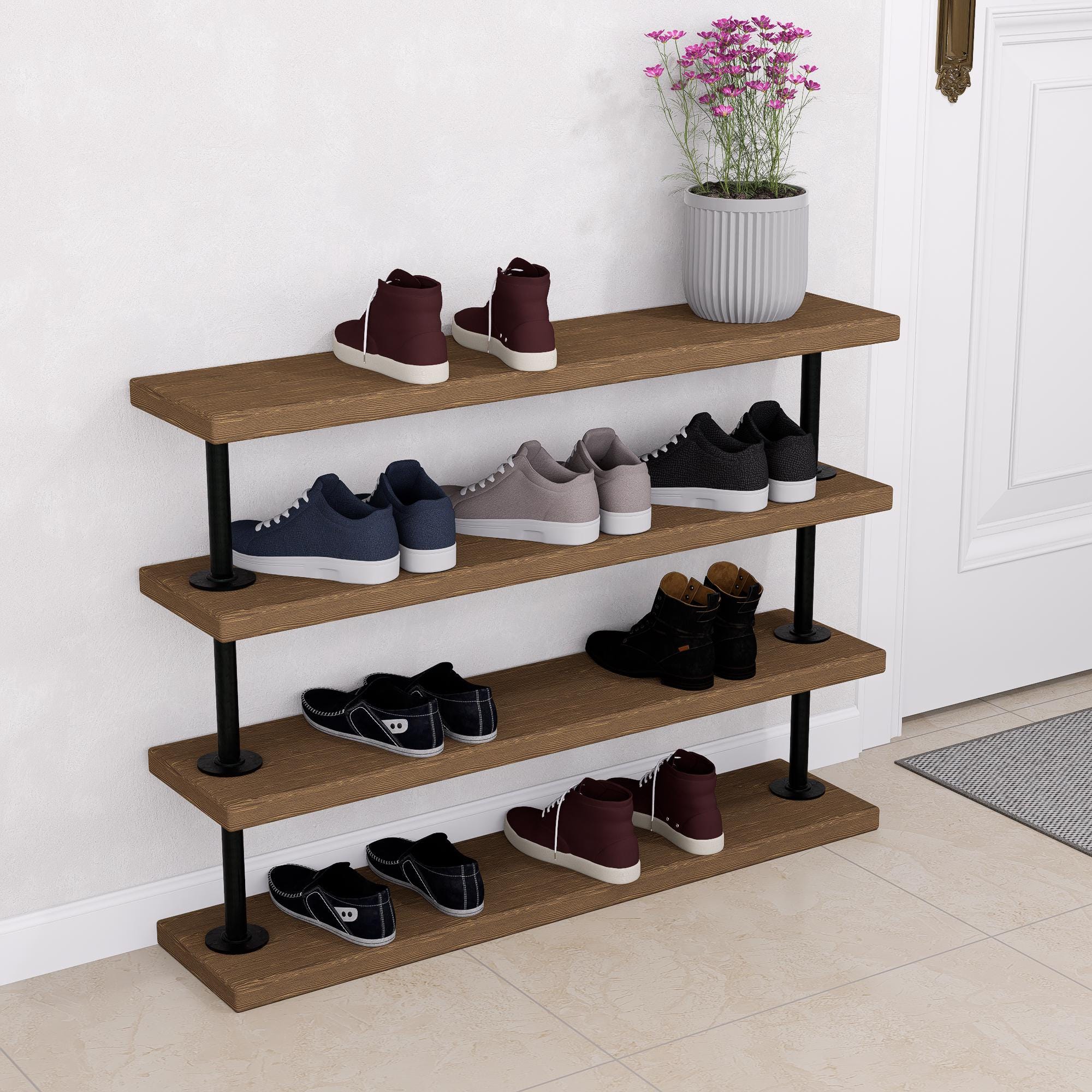 Industrial Pipe Shoe Rack – Tiered Metal & Wood