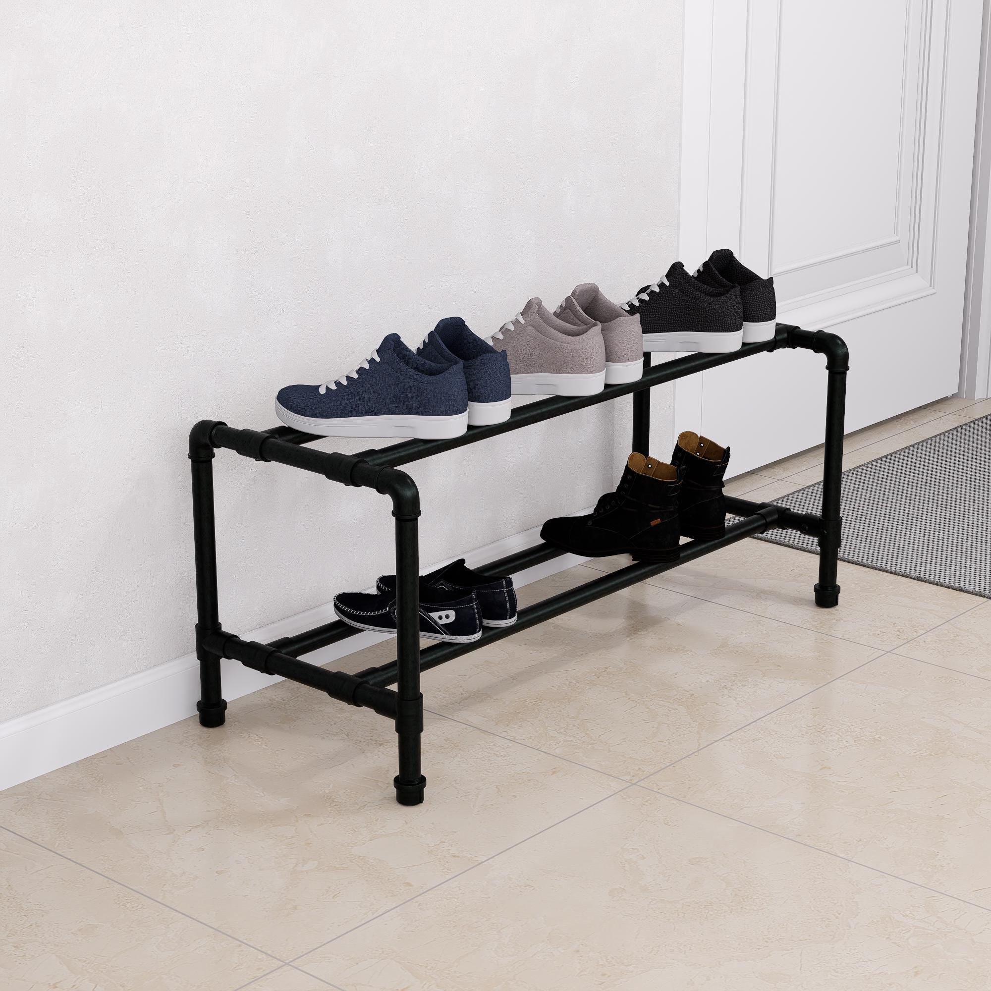 Industrial Pipe Shoe Rack - Metal Shoe Organizer for Entryway or Mudroom - Heavy Duty Black Pipe Shoe Storage - Modern Minimalist Design