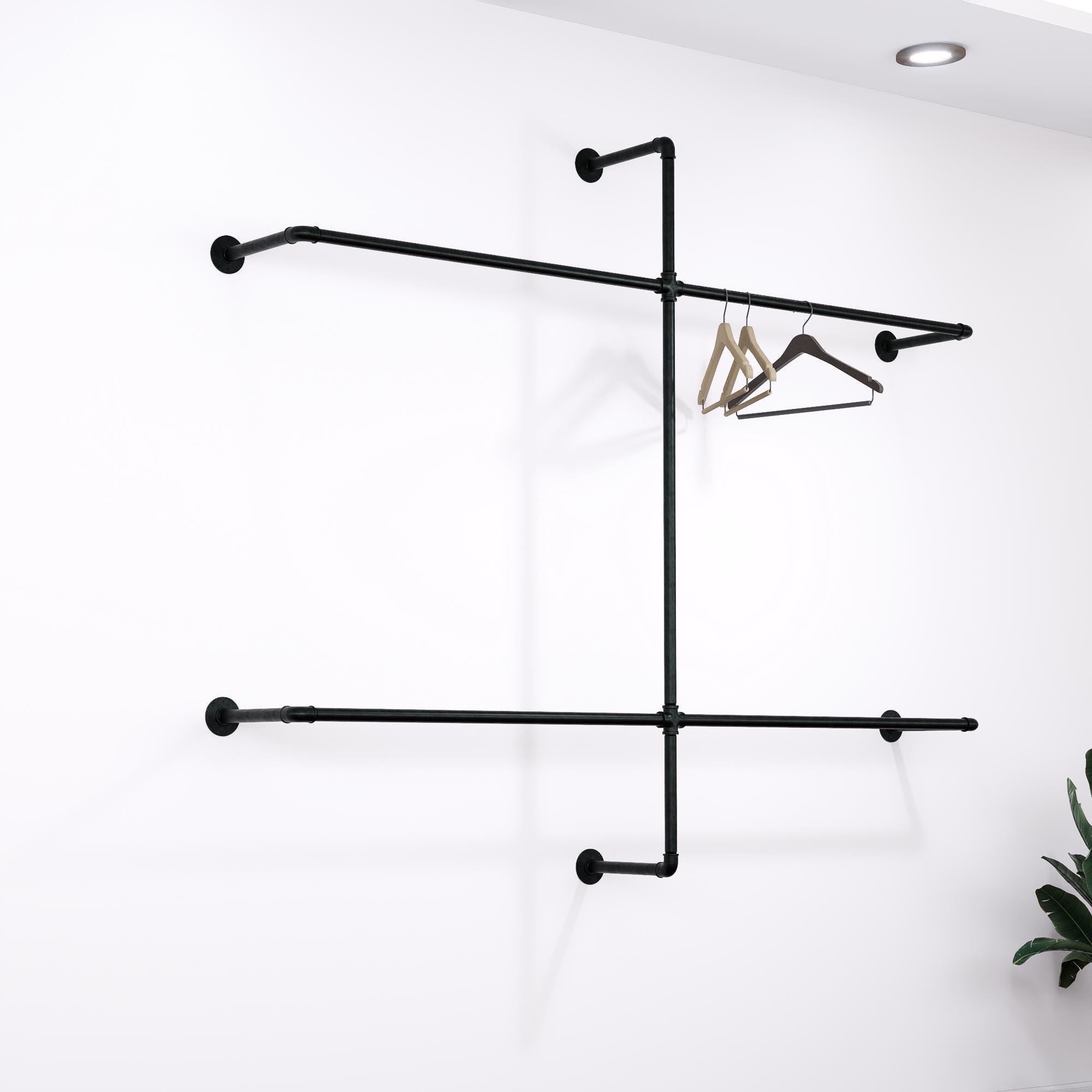 Open Wardrobe Industrial Wall Mounted Clothing Rack Heavy Duty Metal Pipe Garment Rack for Closet, Retail Display, Entryway or Laundry Room