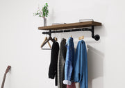 Industrial Wall-Mounted Clothing Rack with Wooden Shelf and Pipe Design - Stylish Storage Solution for Entryway or Bedroom