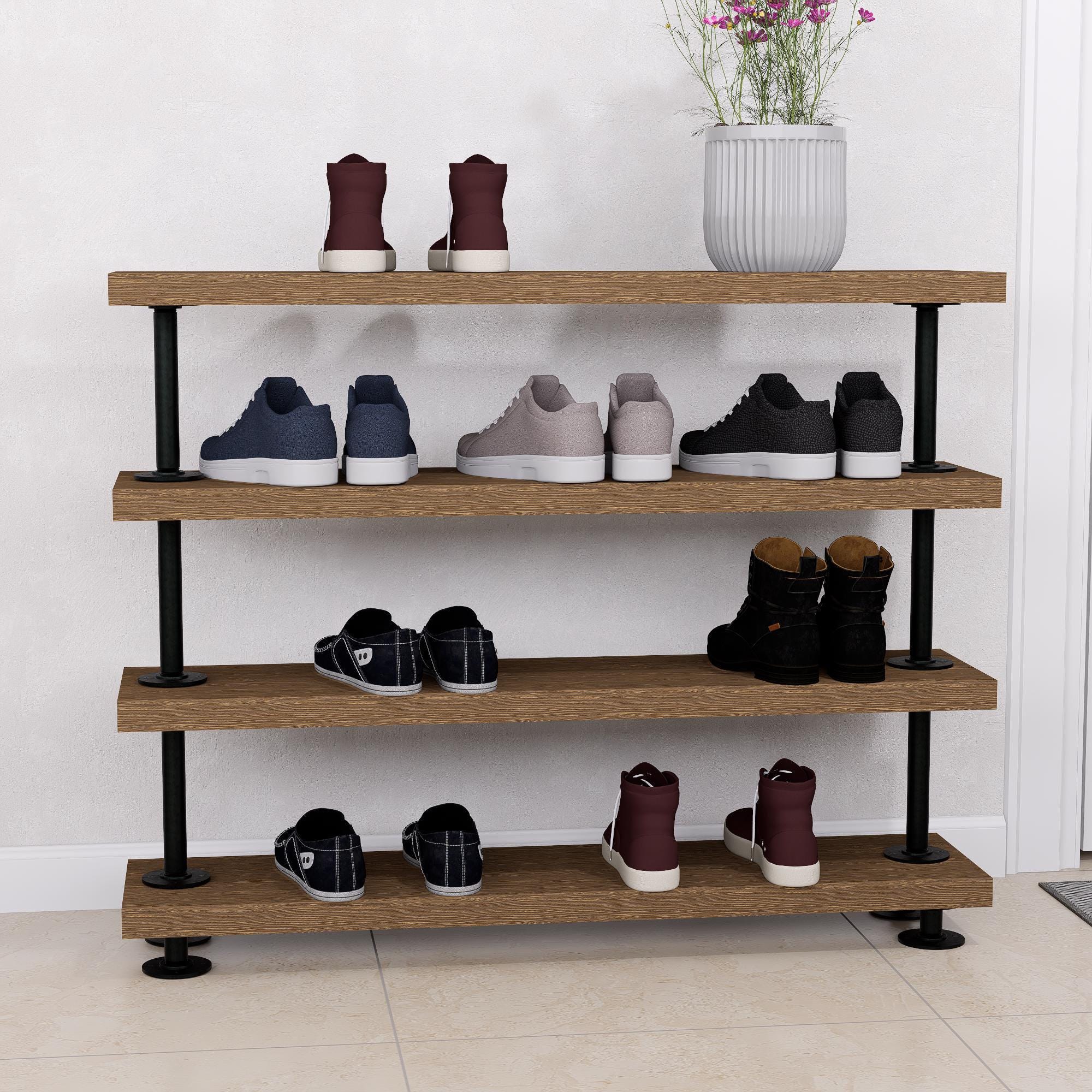 Rustic Tiered Shoe Rack: Wooden Shelves, Industrial Farmhouse Entryway Organizer