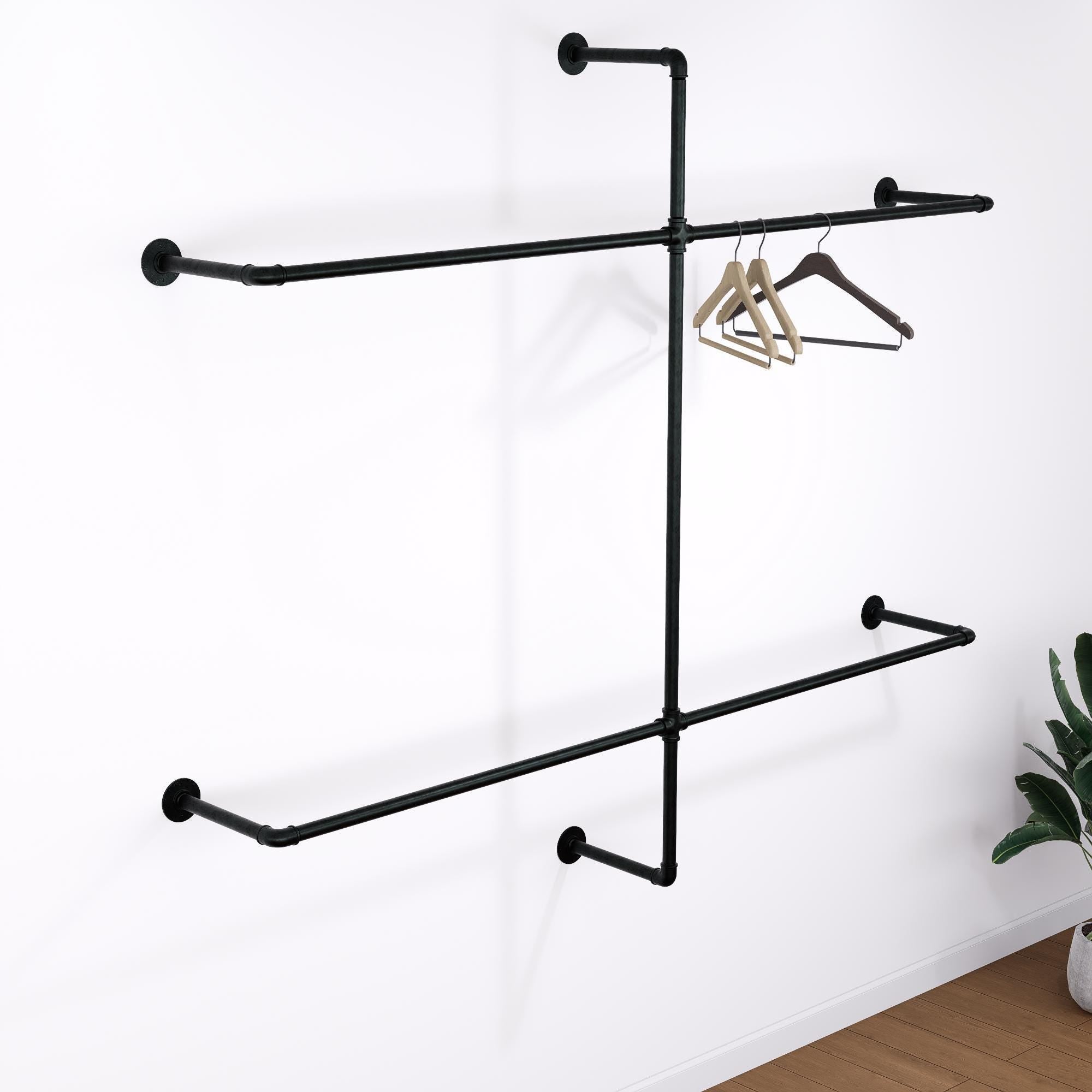 Open Wardrobe Industrial Wall Mounted Clothing Rack Heavy Duty Metal Pipe Garment Rack for Closet, Retail Display, Entryway or Laundry Room