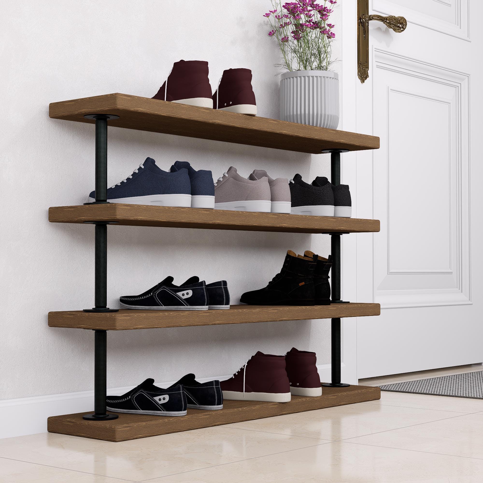 Industrial Pipe Shoe Rack – Tiered Metal & Wood