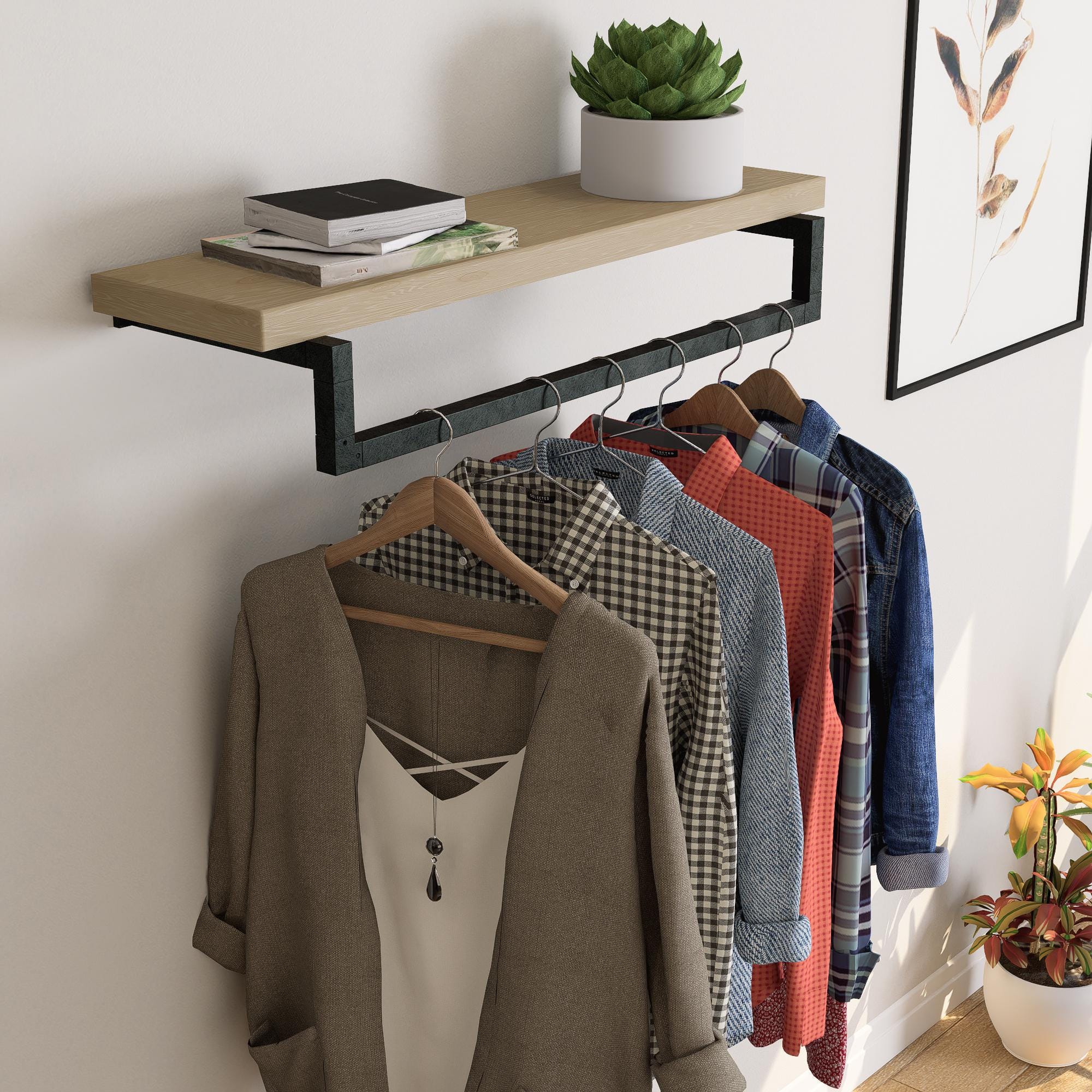 Wall Mounted Clothes Rack with Shelf
