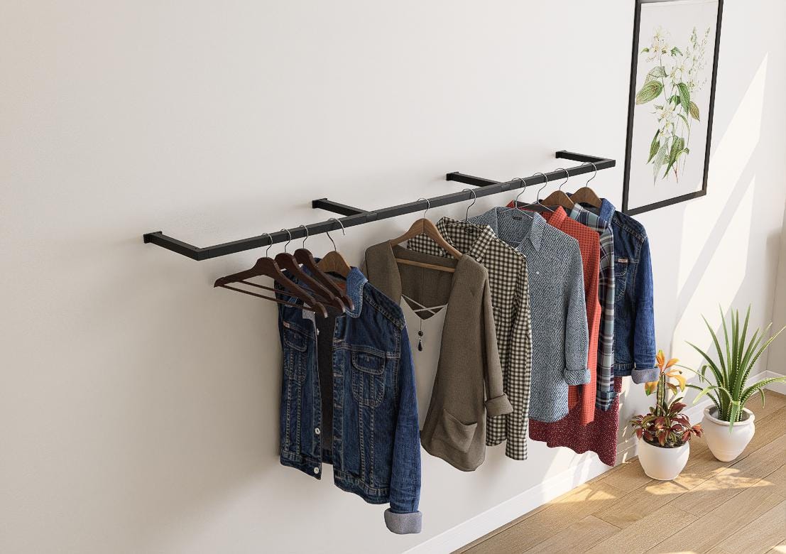 Wall Mounted Clothes Rack  Flat Pack | Heavy Duty Square Tube Garment Rail | Industrial Metal Hanging Rod | Minimalist Space Saving Design