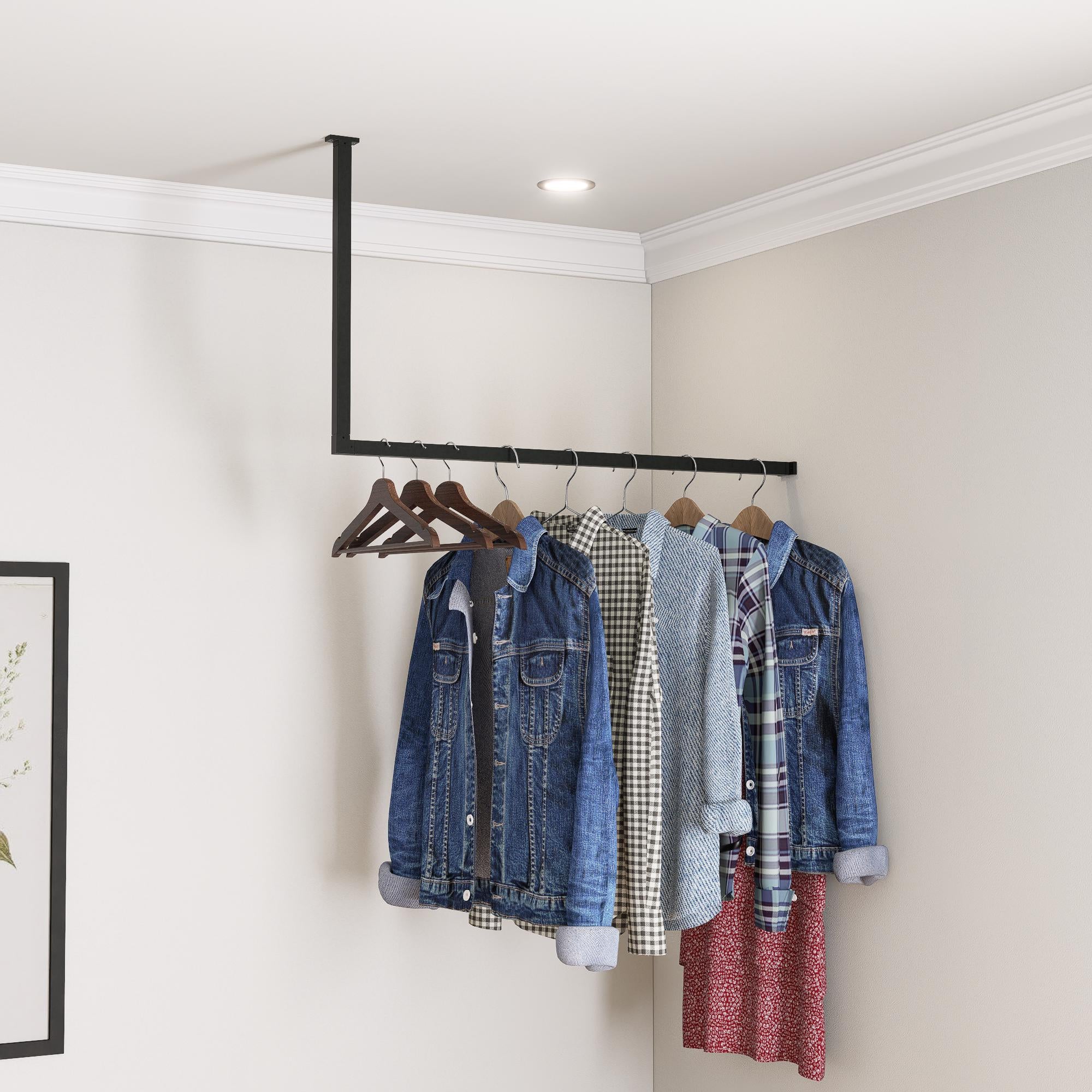 L-Shaped Ceiling Mounted Clothing Rack – Custom Iron Closet Rod for Corner Spaces, Retail, Entryway or Bedroom – Heavy Duty & Stylish