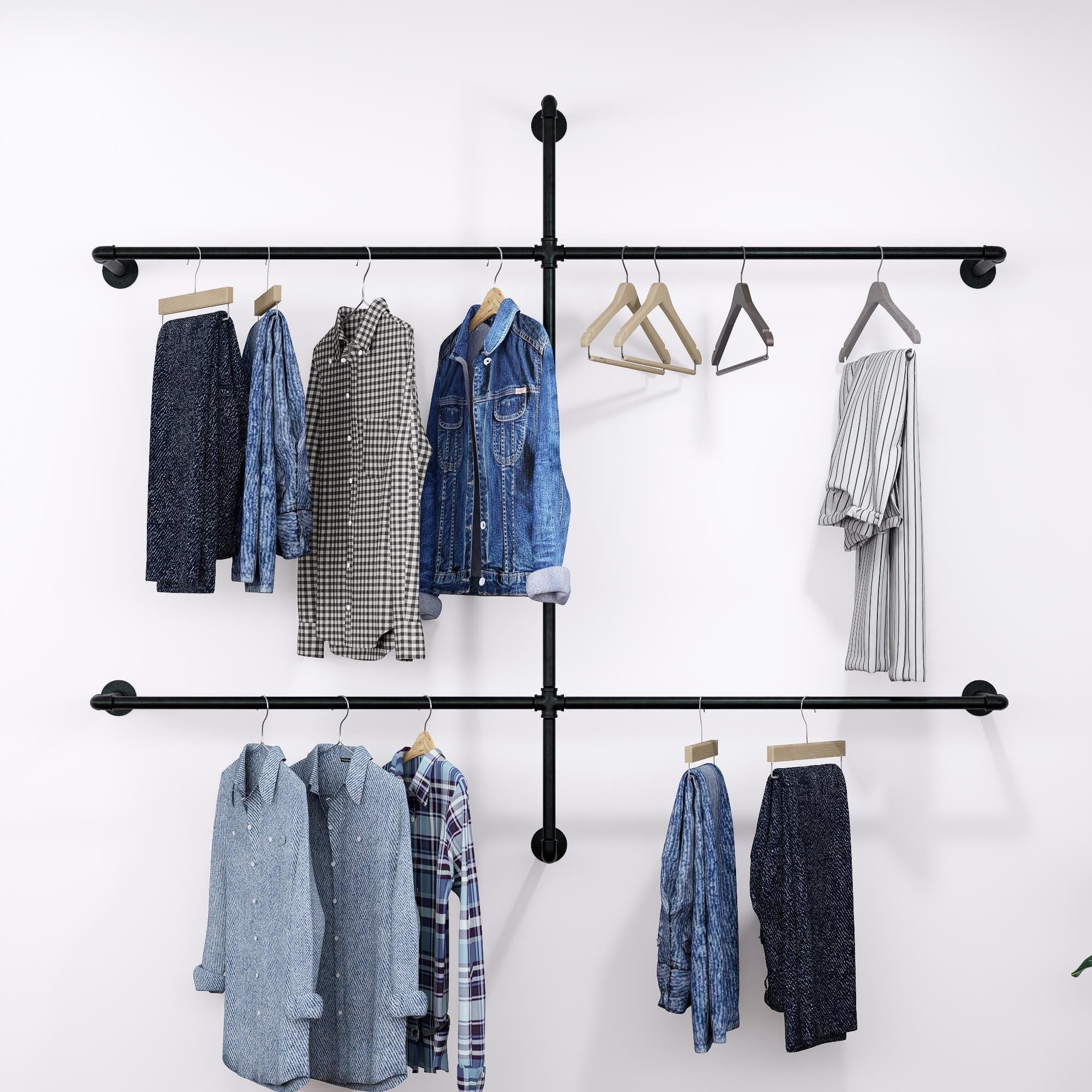 Open Wardrobe Industrial Wall Mounted Clothing Rack Heavy Duty Metal Pipe Garment Rack for Closet, Retail Display, Entryway or Laundry Room