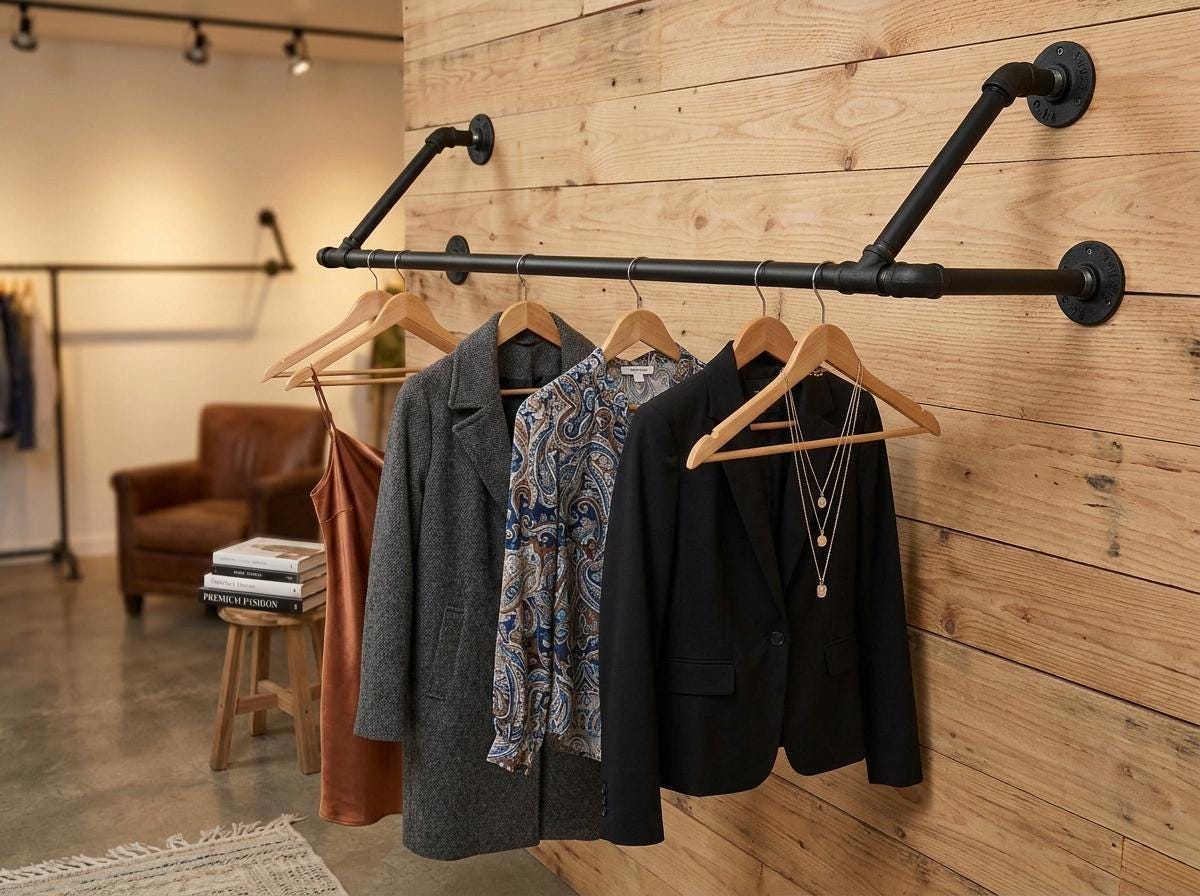 May include: A black metal clothes rail fixed to a wooden wall. It displays a selection of garments on wooden hangers, including a grey coat, a patterned blouse, and a black blazer. The room has a rustic, industrial style.