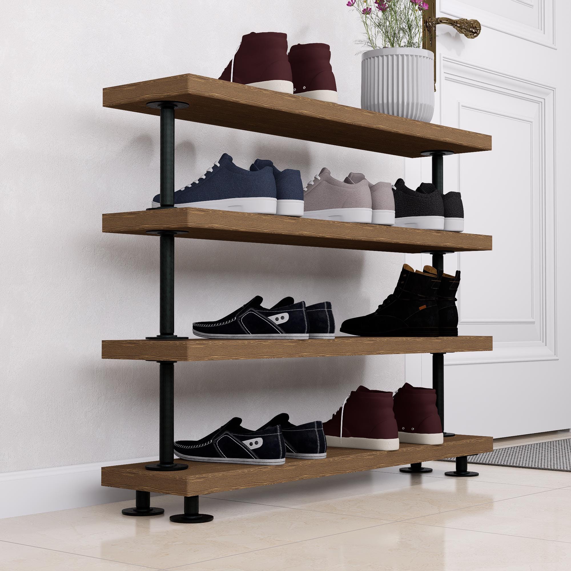 Rustic Tiered Shoe Rack with Wooden Shelves
