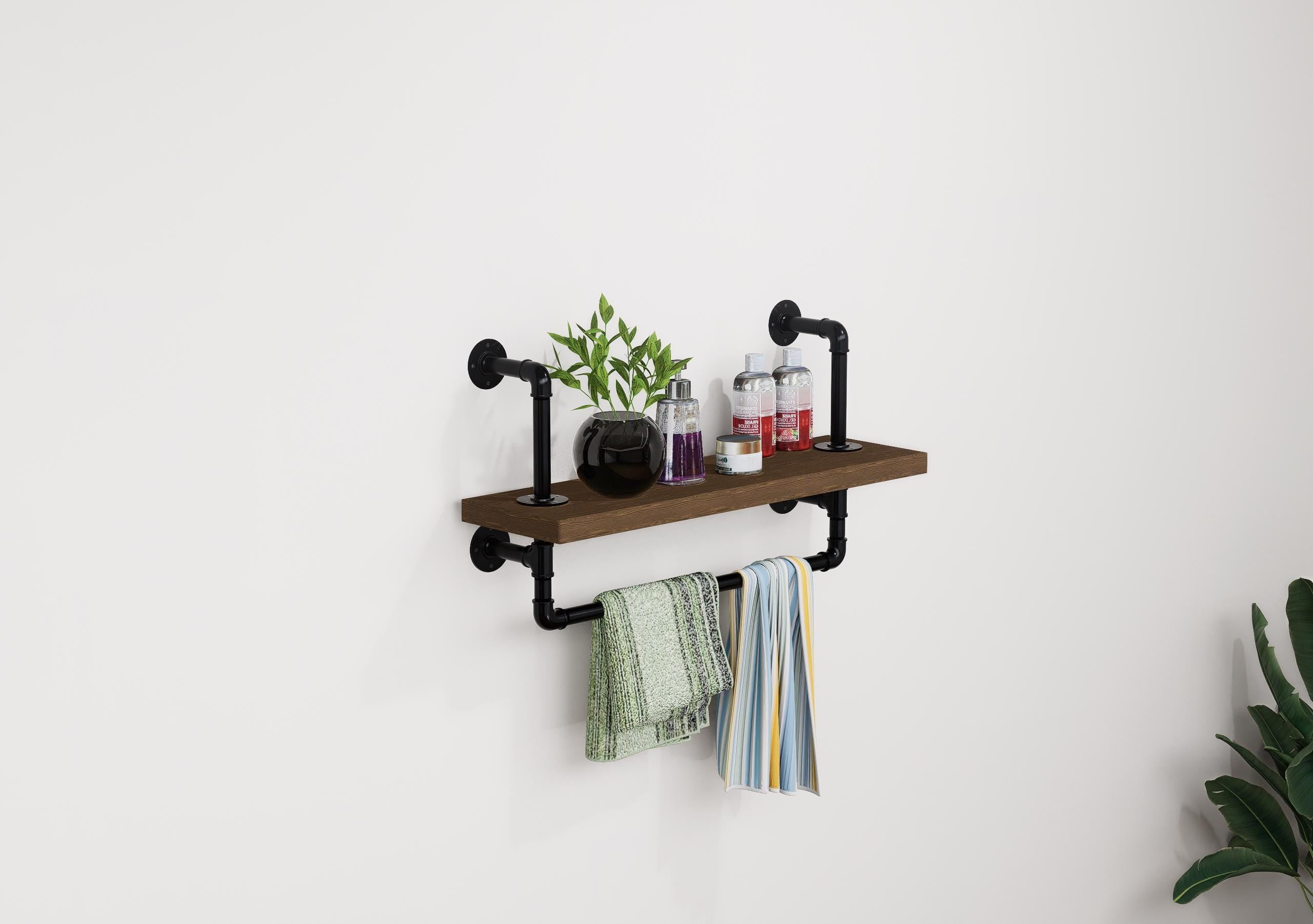 Industrial Pipe Wall Shelf with Towel Bar Rustic Wood Floating Shelf for Bathroom, Kitchen or Entryway Storage Farmhouse Decor