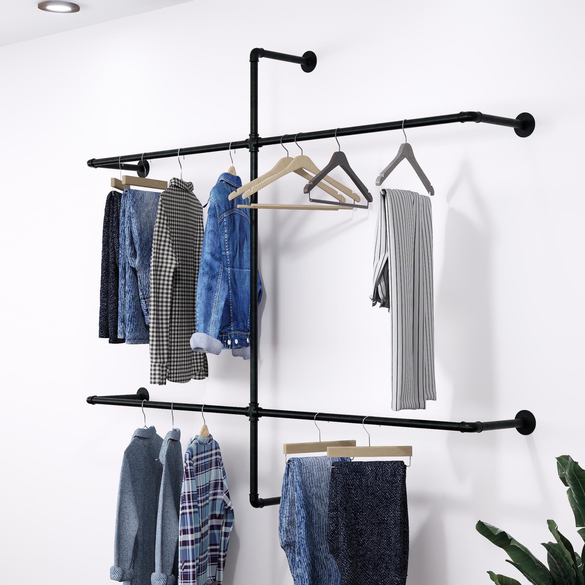 Open Wardrobe Industrial Wall Mounted Clothing Rack Heavy Duty Metal Pipe Garment Rack for Closet, Retail Display, Entryway or Laundry Room