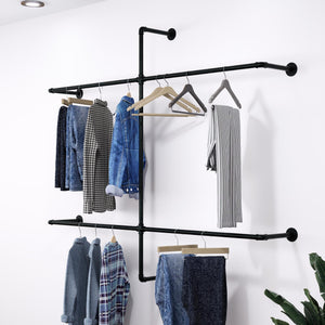 Open Wardrobe Industrial Wall Mounted Clothing Rack Heavy Duty Metal Pipe Garment Rack for Closet, Retail Display, Entryway or Laundry Room