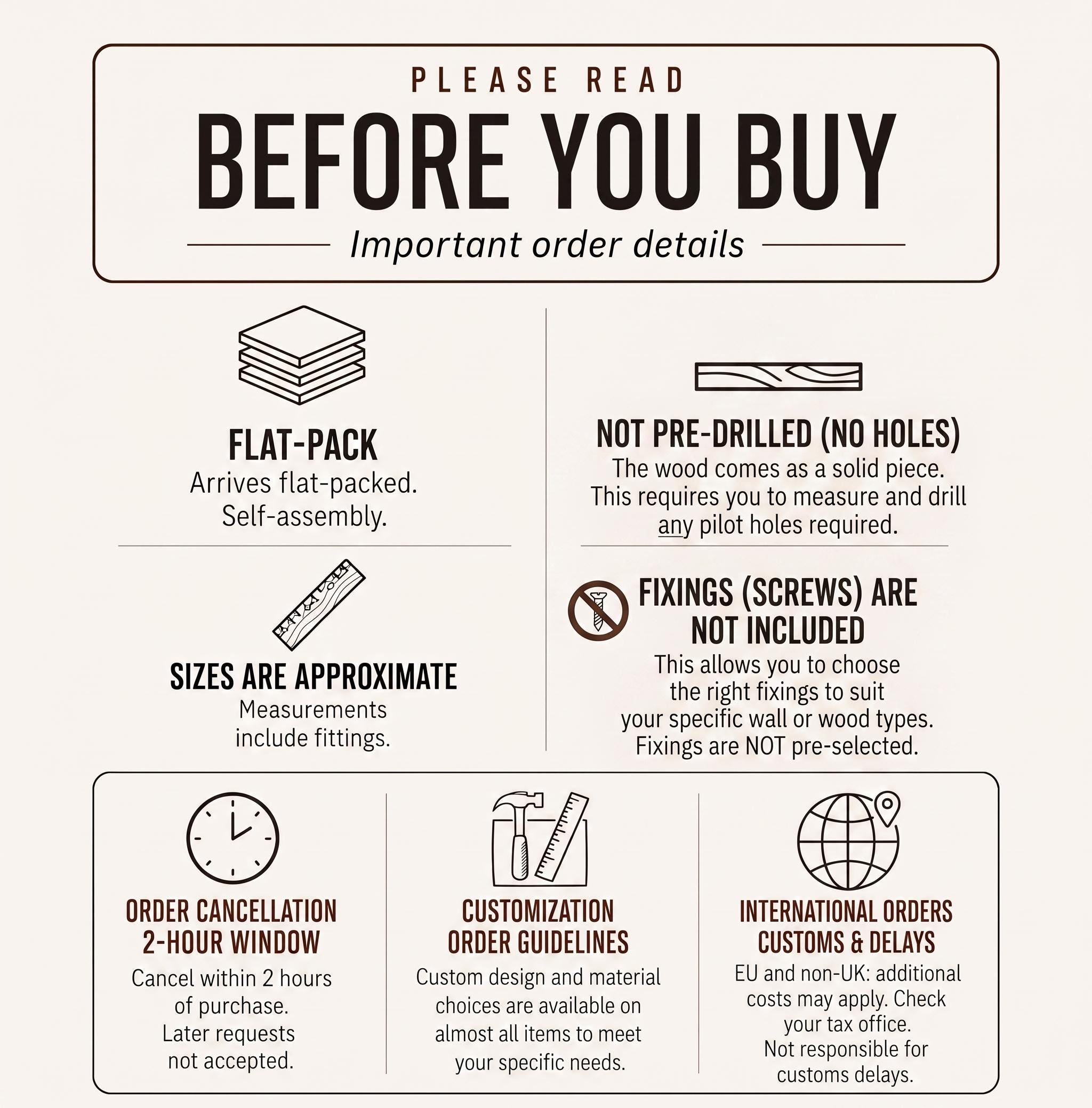 a list of instructions and information about a product, likely a flat-pack or custom-designed item. It includes details about the product's assembly, size, and order specifications, as well as instructions for ordering and delivery.