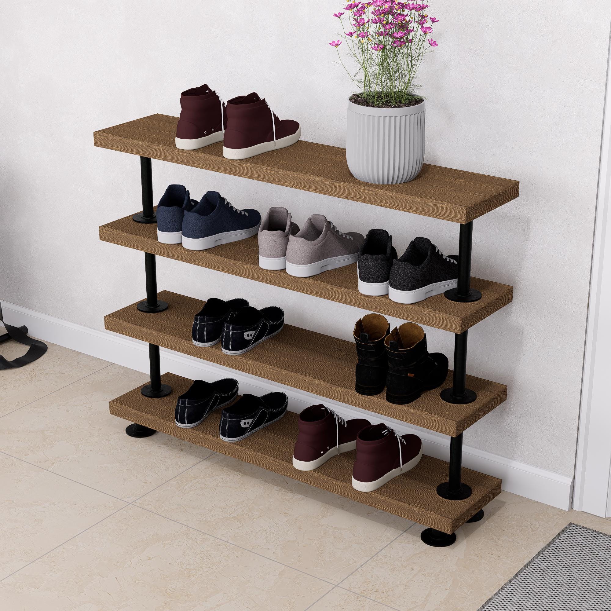 Rustic Tiered Shoe Rack with Wooden Shelves