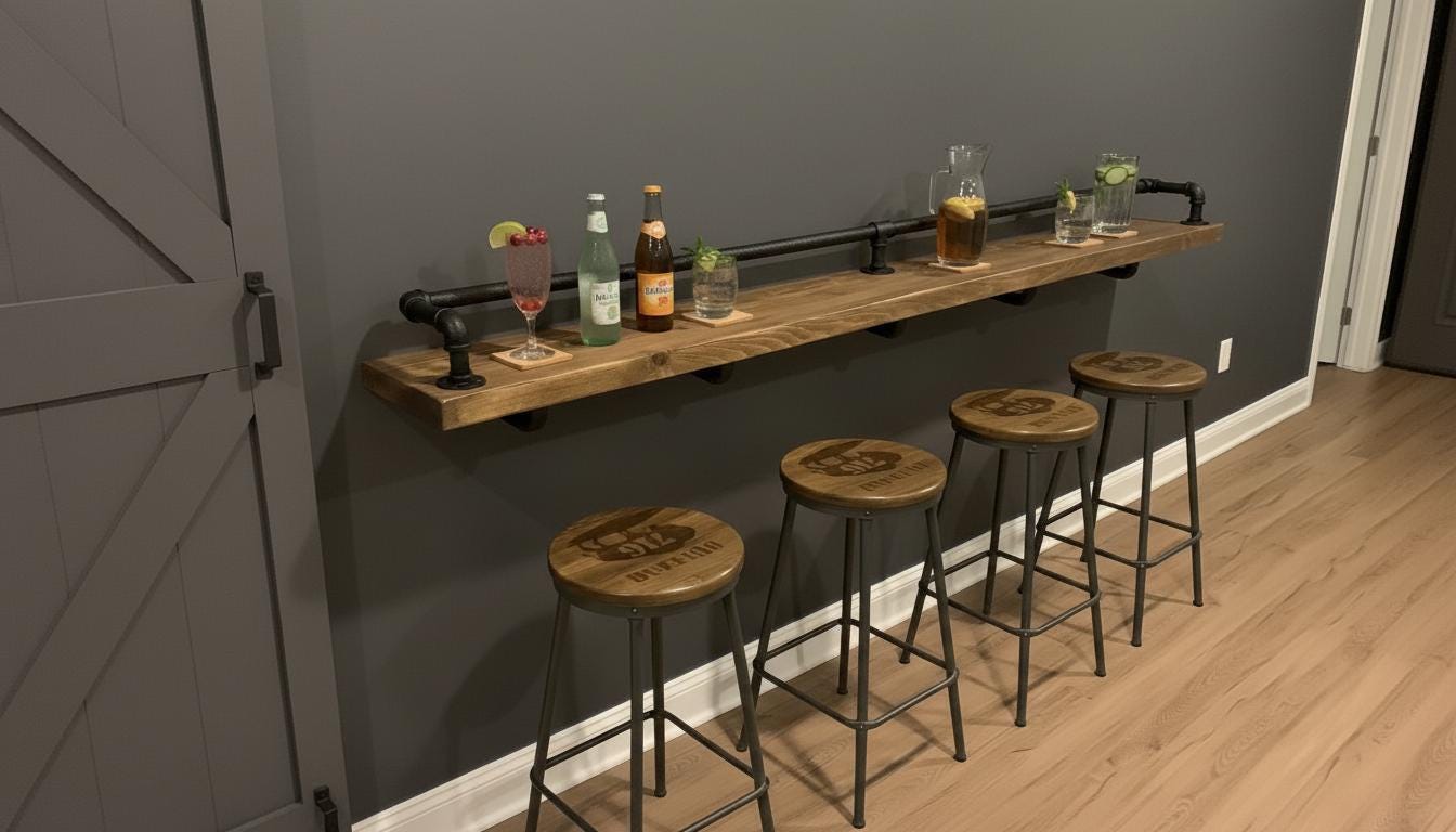 Industrial Style Breakfast & Drinks Bar | Rustic Wall-Mounted Home Bar